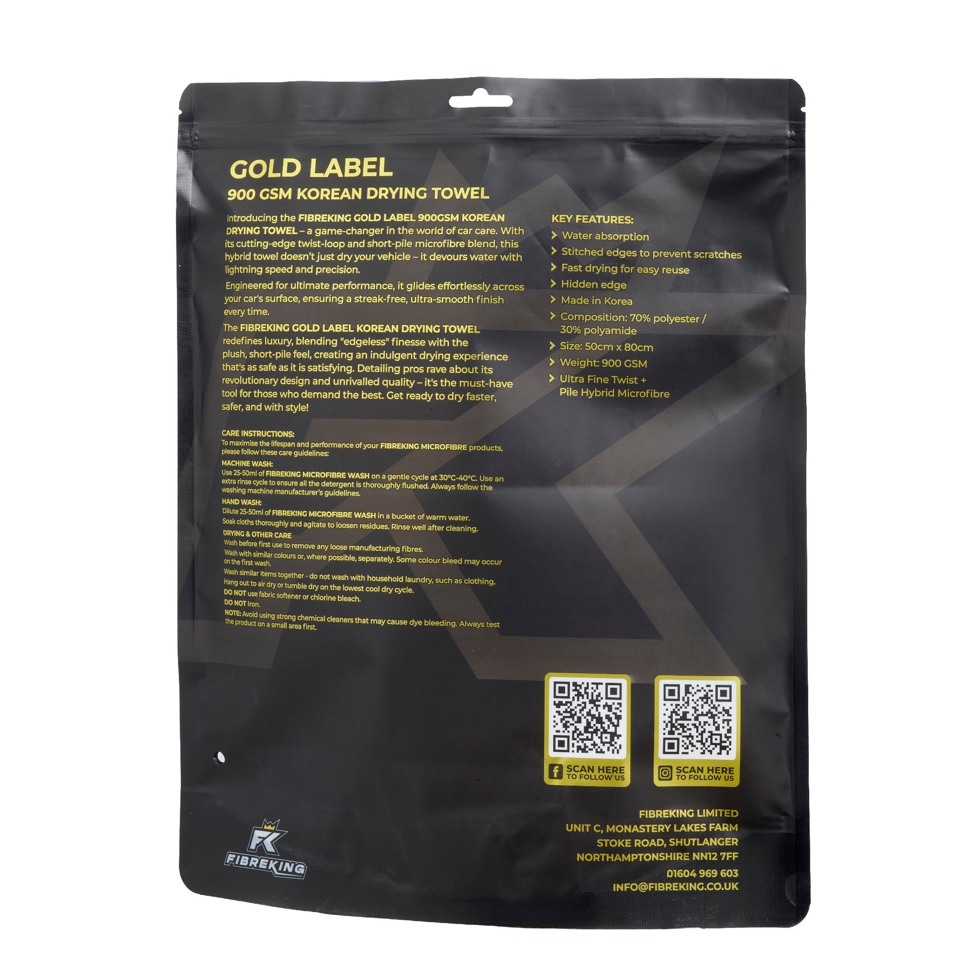 Black and gold packaging for FibreKing's Gold Label 900 GSM Korean Drying Towel, ideal for car care, includes product details, care instructions, QR codes, and contact information.