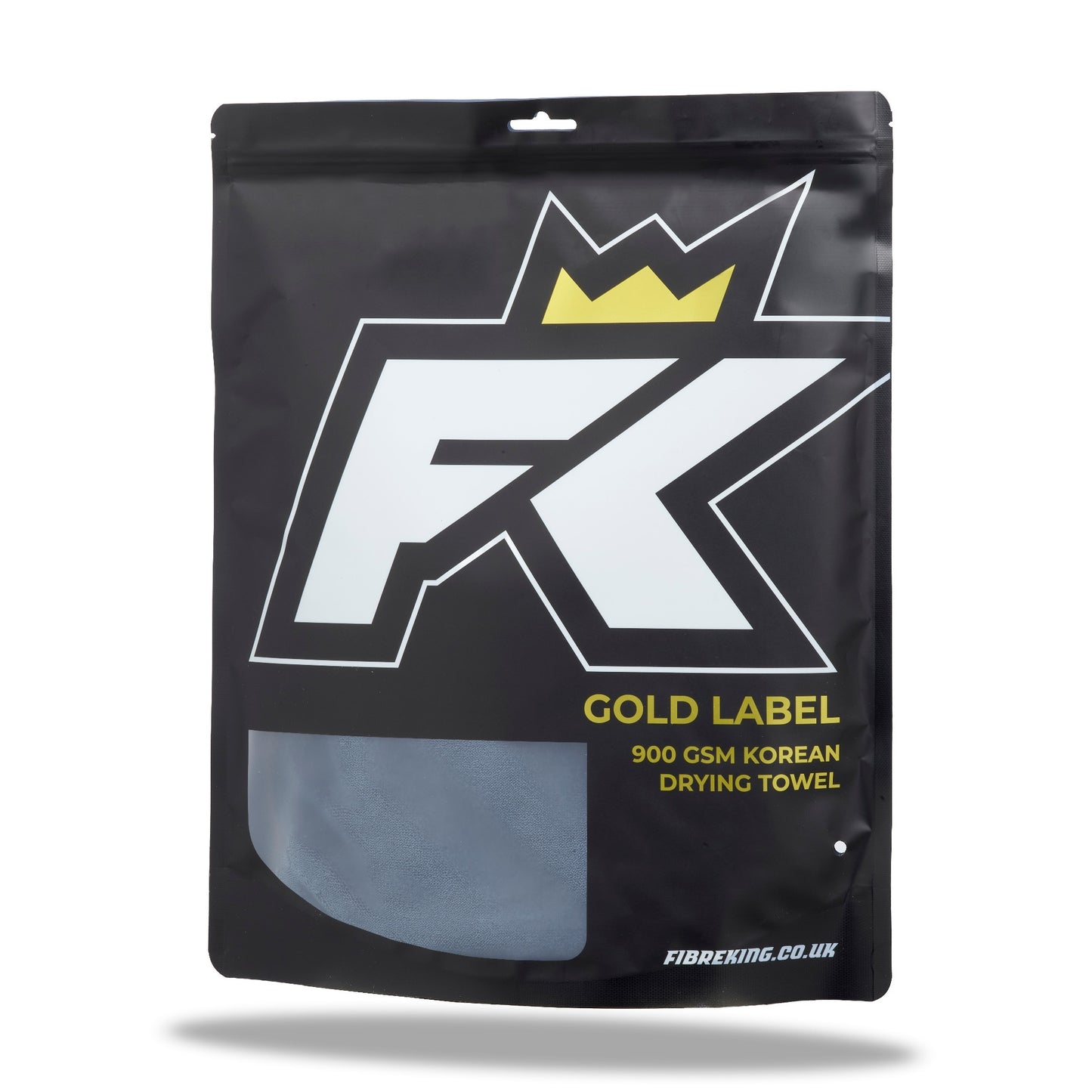 Black resealable FibreKing package labeled "Gold Label 900 GSM Korean Drying Towel - 3 Pack," with a clear window showcasing the premium grey microfibre car drying towels inside.