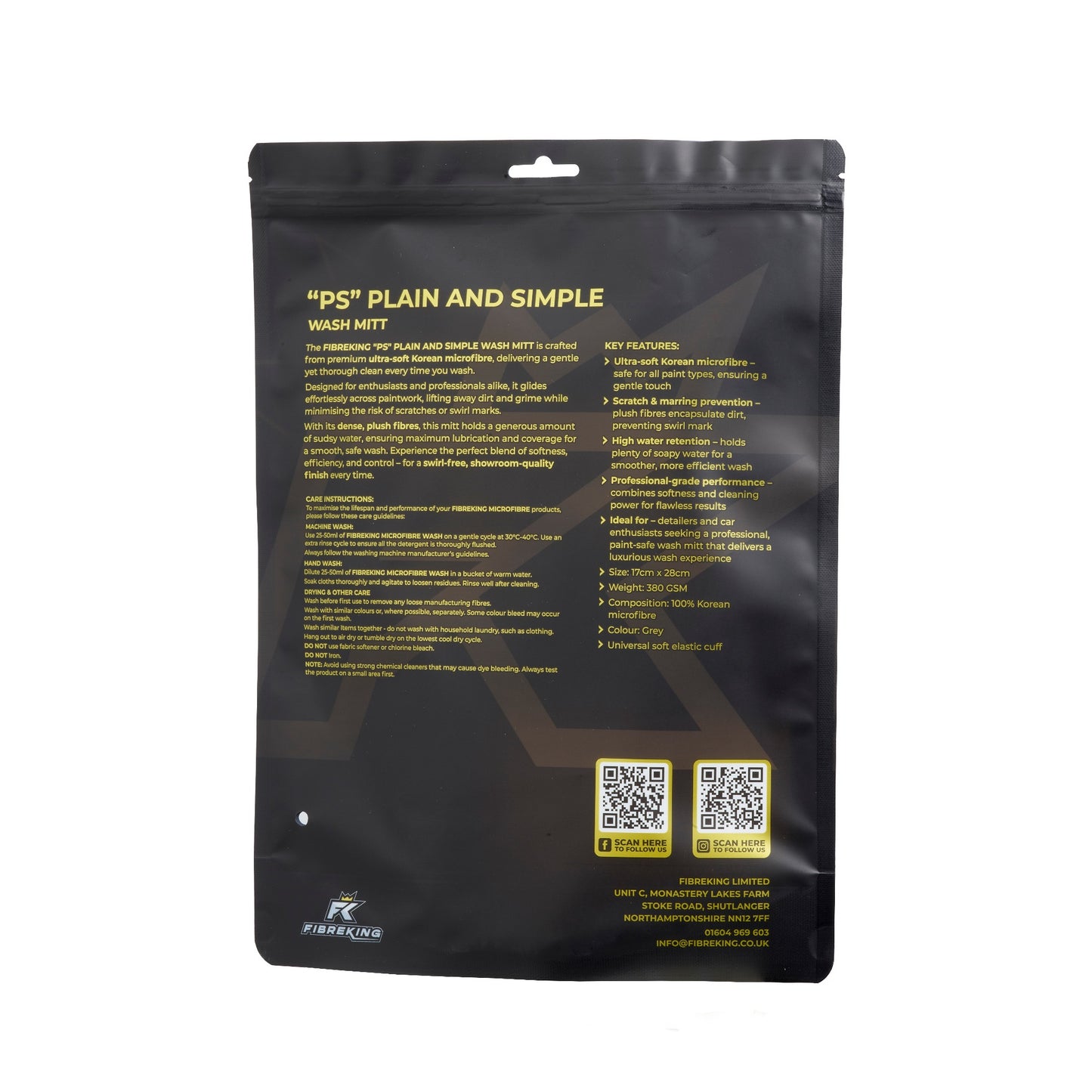Black resealable packaging for FibreKing "PS" Korean Microfibre Mitt - Grey, featuring product details, scratch prevention info, QR codes, and branding printed in yellow and white text.