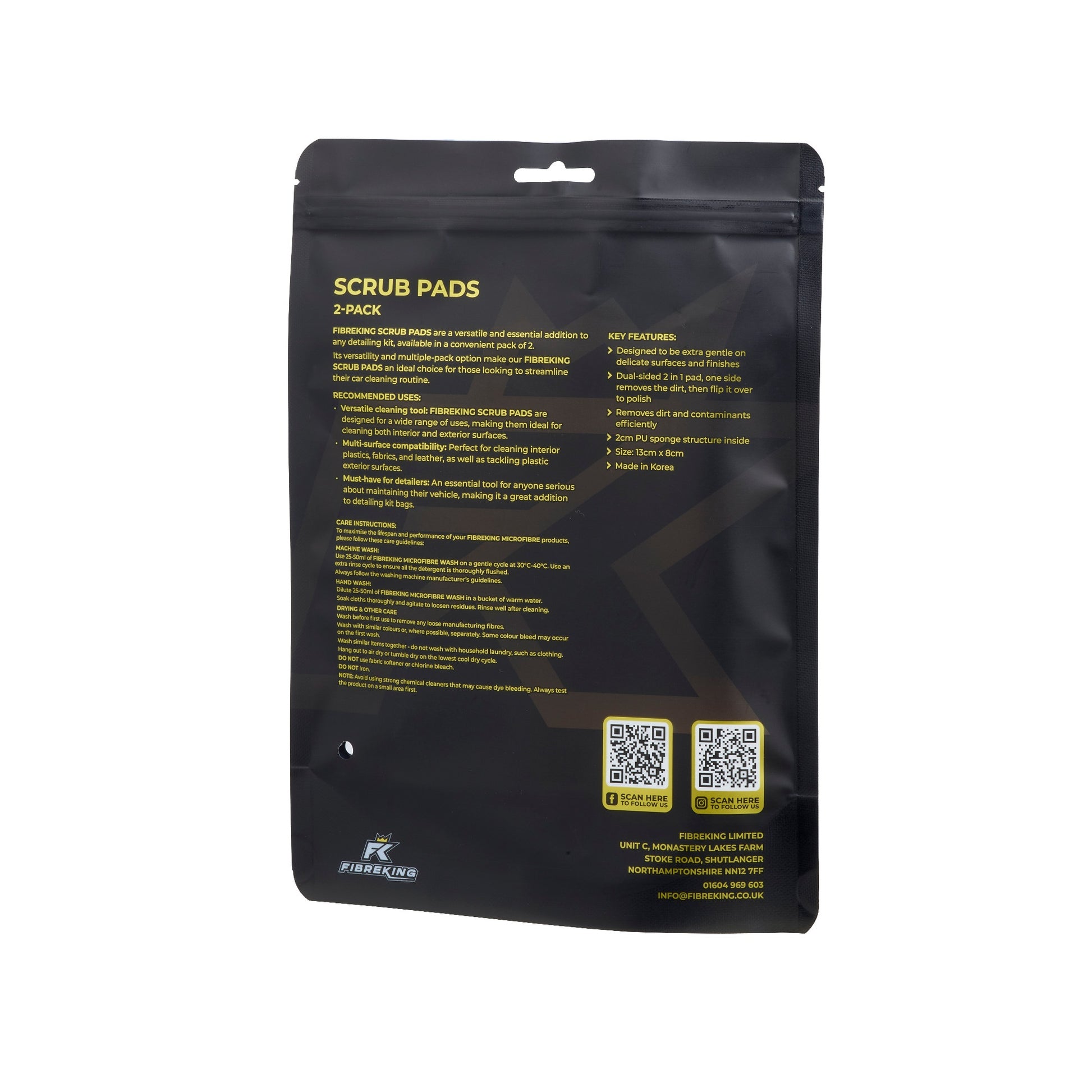 Black packaging for FibreKing Scrub Pads 2 pack features product info, instructions, car cleaning tips, and kit highlights. Includes two QR codes plus contact details in yellow and white text.