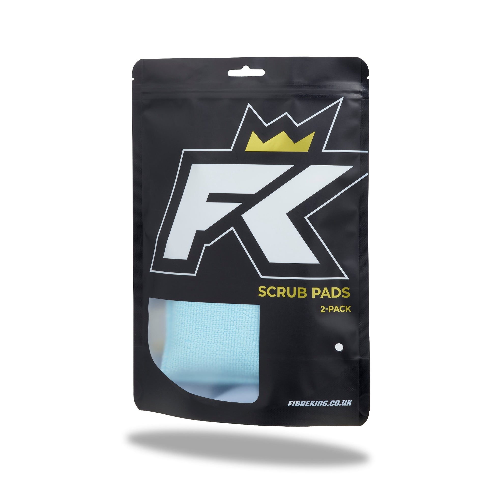 A black resealable pouch labeled FibreKing Scrub Pads 2 Pack with a crown logo shows light blue car cleaning pads through a window—ideal for any detailing kit.