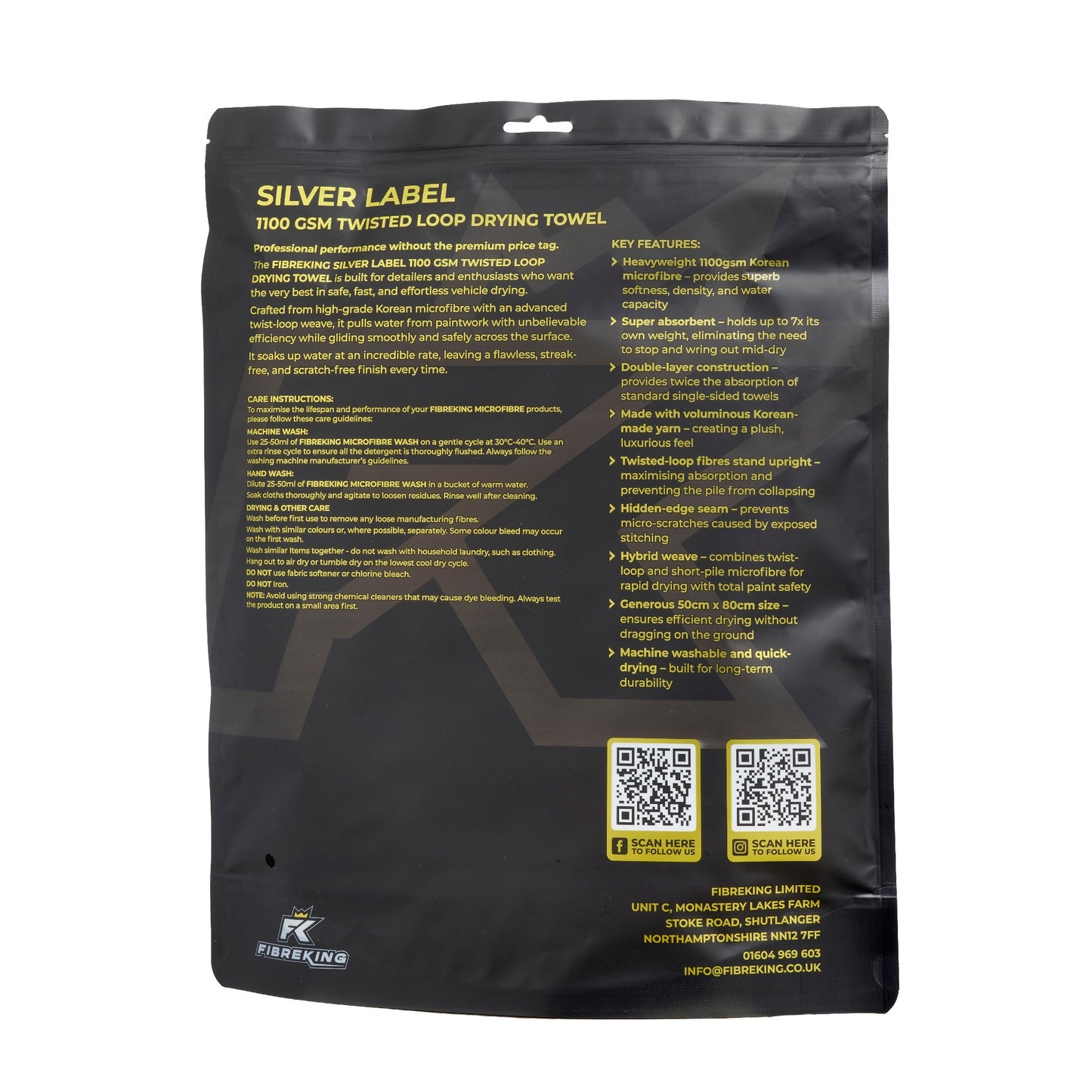 Black packaging for FibreKing Silver Label 1100 GSM Drying Towel - 3 Pack, featuring product details, care instructions, Korean microfiber features, QR codes, and company contact info.