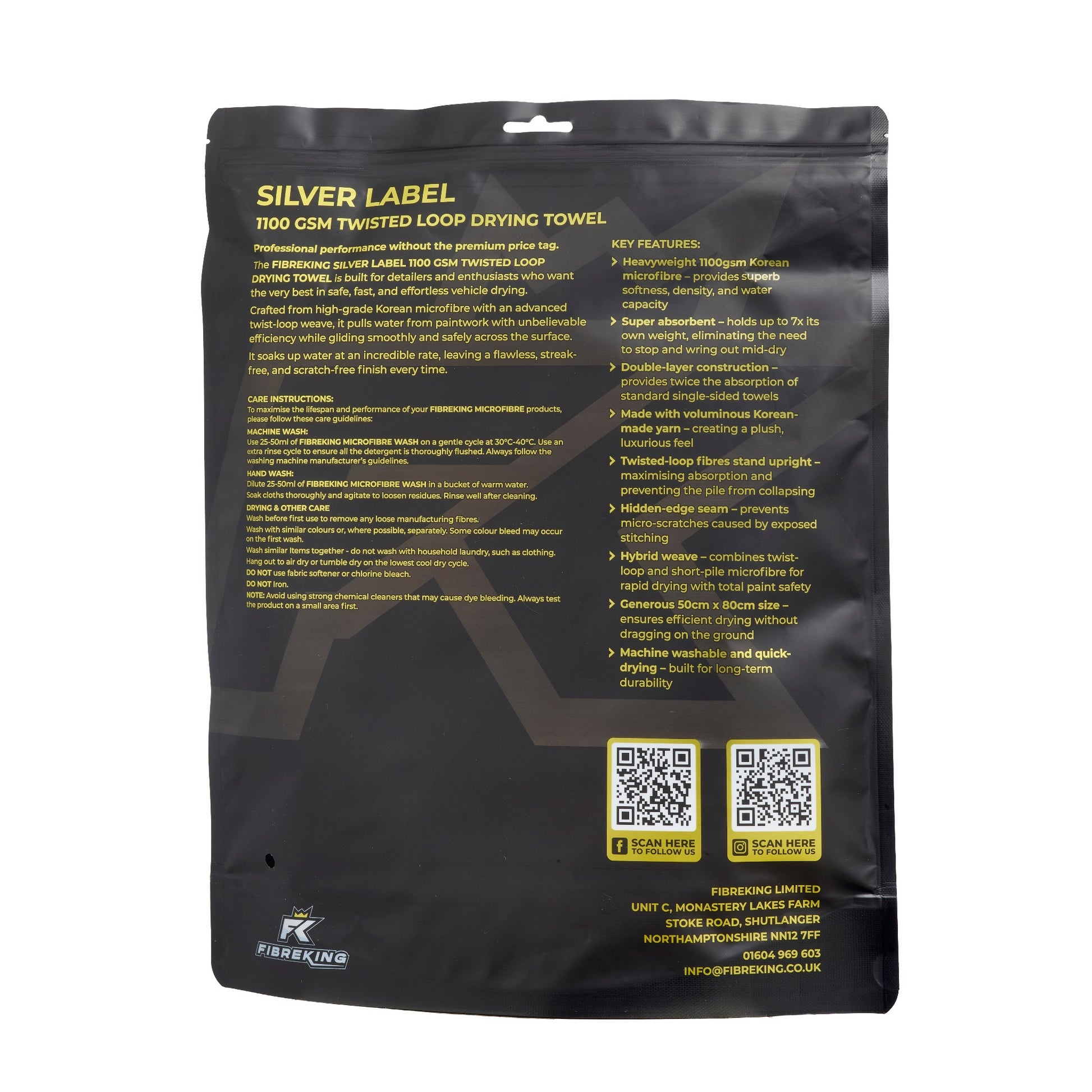 Black packaging for FibreKing Silver Label 1100 GSM Drying Towel - 3 Pack, featuring product details, care instructions, Korean microfiber features, QR codes, and company contact info.