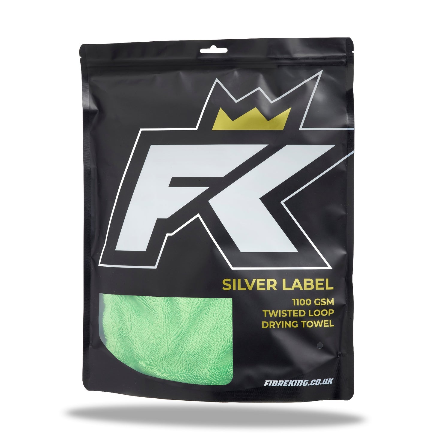 A black resealable bag labeled FibreKing Silver Label contains three premium Korean microfibre green twisted loop towels, 1100 GSM each—Silver Label 1100 GSM Drying Towel - 3 Pack—the ultimate car drying solution.