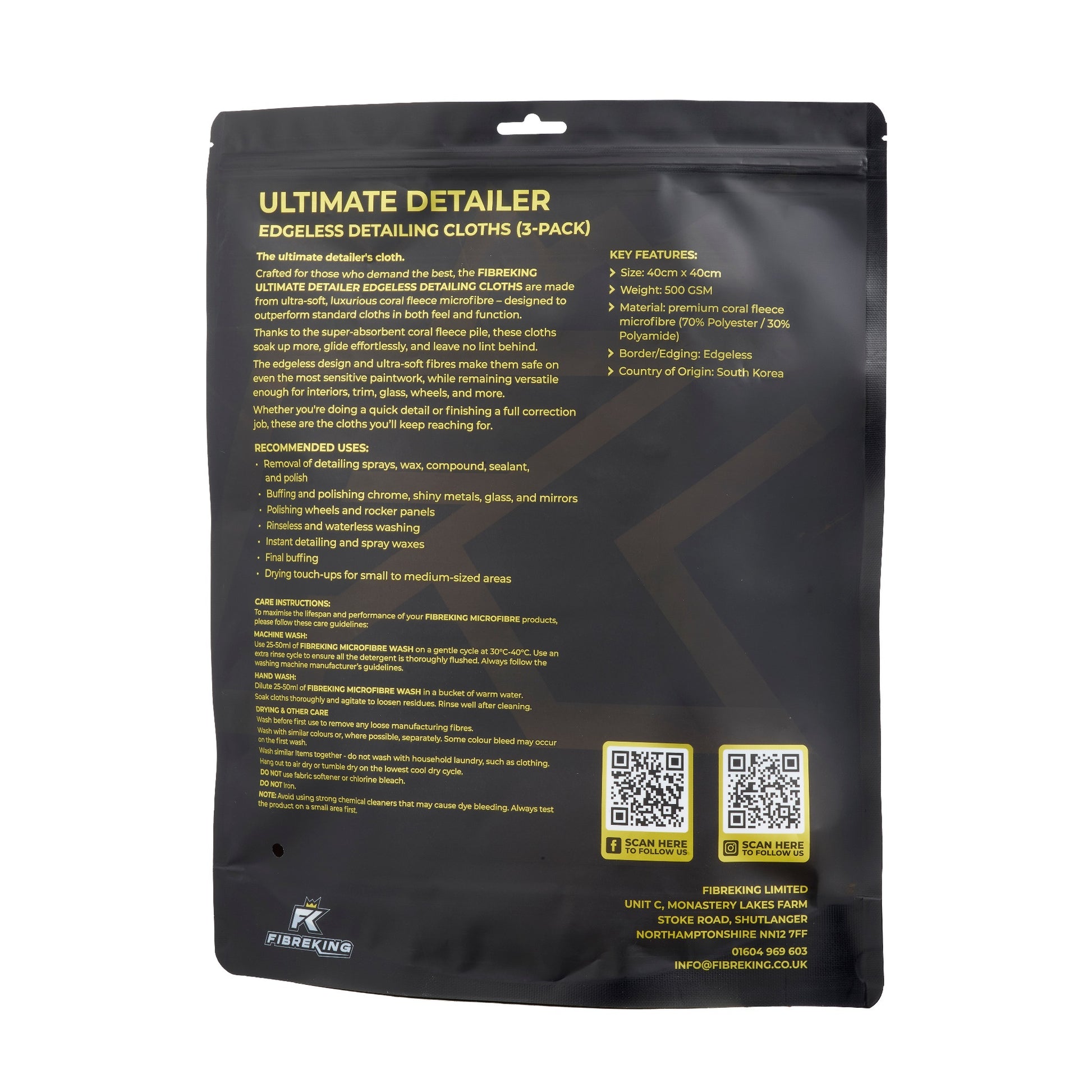 FibreKing Ultimate detailer cloth - 3 pack comes in a black resealable pack with ultra-soft coral fleece microfiber for scratch-free detailing, usage instructions, QR codes, and company contact info.