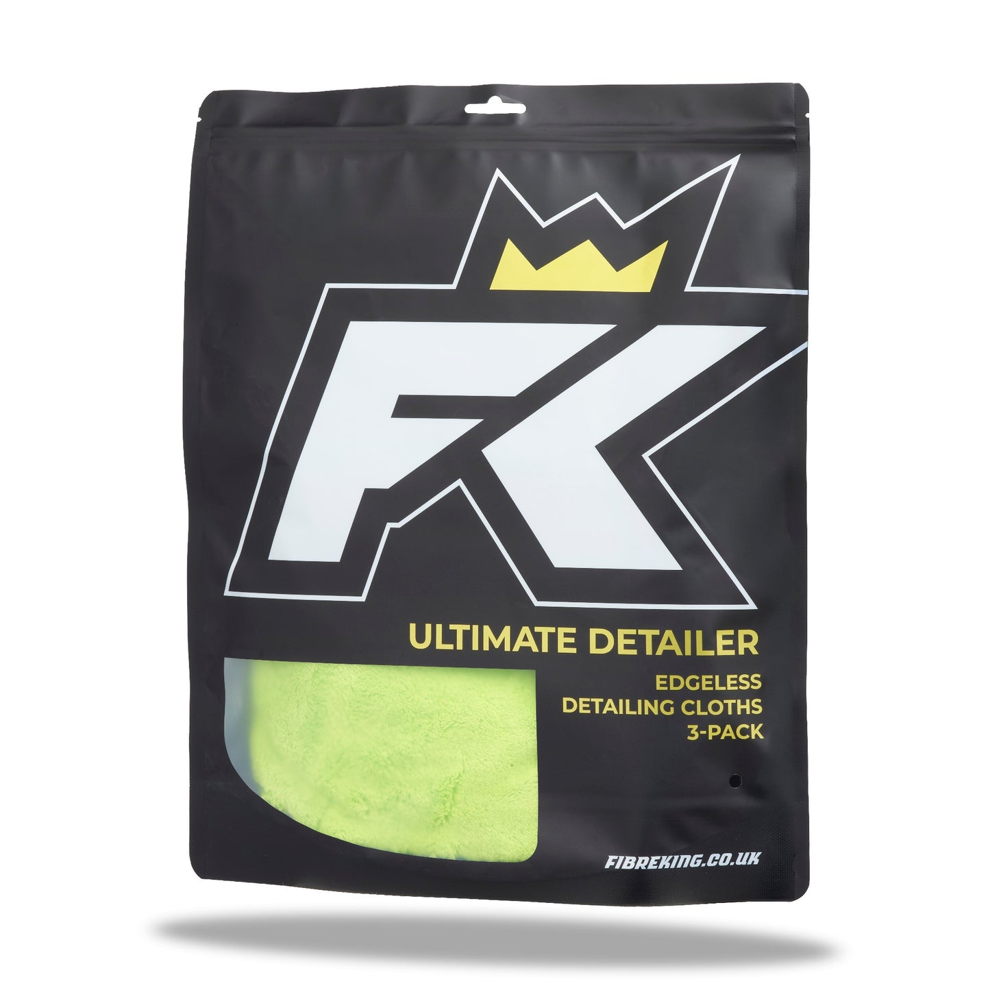 A black resealable bag labeled FibreKing Ultimate detailer cloth - 3 pack, containing three neon green coral fleece edgeless microfibre detailing cloths.