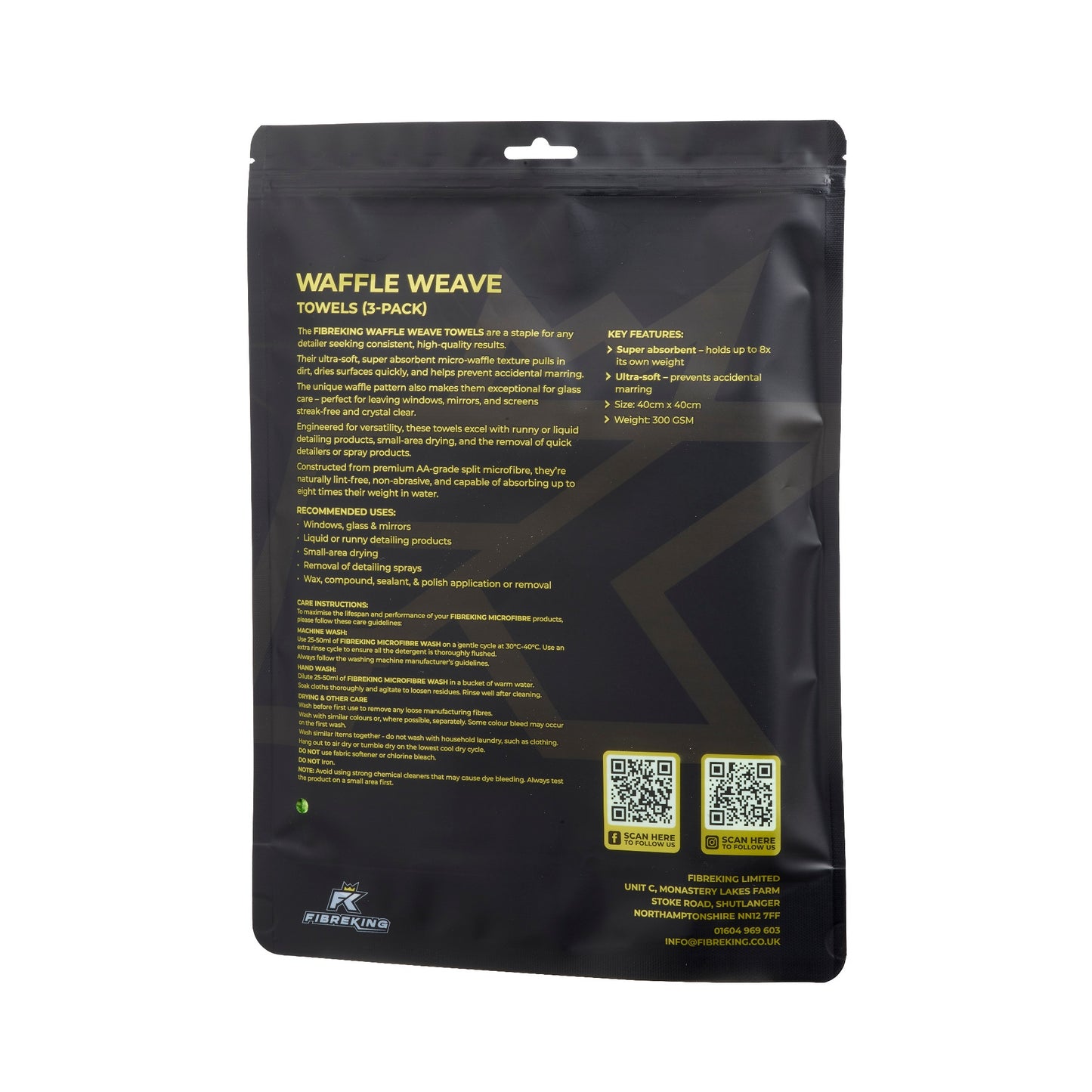 Back view of FibreKing Waffle Weave Towels - 3 Pack package, showing product info, key features, and QR codes on a black background—ideal microfiber towels for detailing or glass cleaning to achieve spotless results.