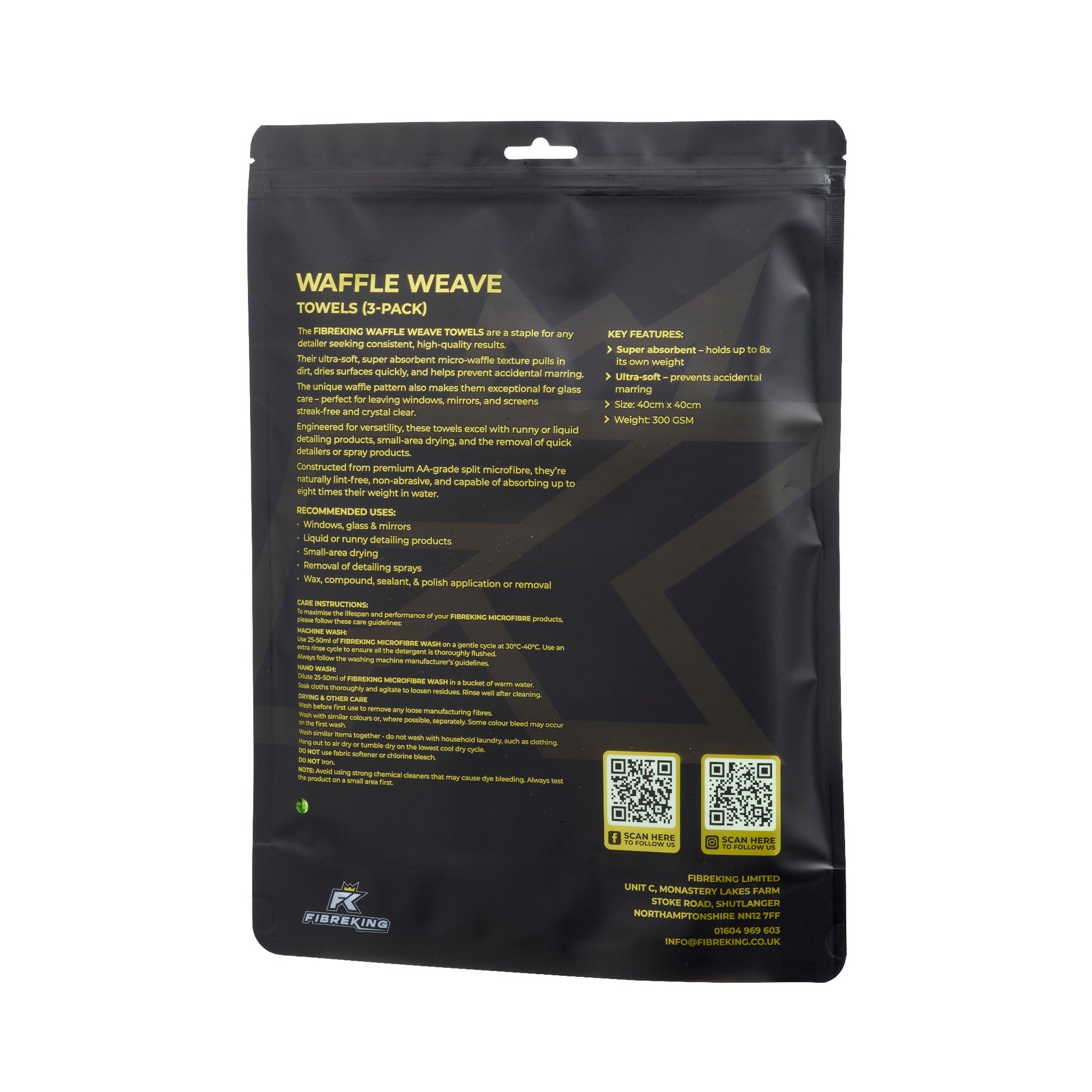 Back view of FibreKing Waffle Weave Towels - 3 Pack package, showing product info, key features, and QR codes on a black background—ideal microfiber towels for detailing or glass cleaning to achieve spotless results.