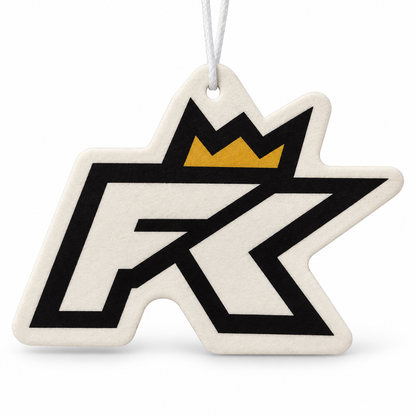 A white, star-shaped FK Air Freshener by FibreKing, featuring bold black “FK” lettering and a small yellow crown above, hanging from a white string.