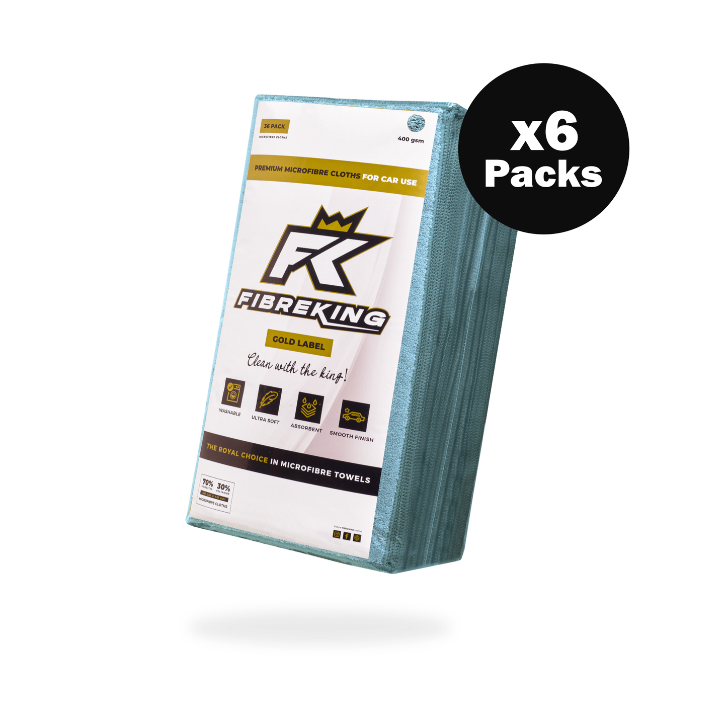 A stack of six FibreKing Gold Label 400GSM microfibre cloth boxes (each containing 36 cloths), with visible product labels, is displayed against a white background.