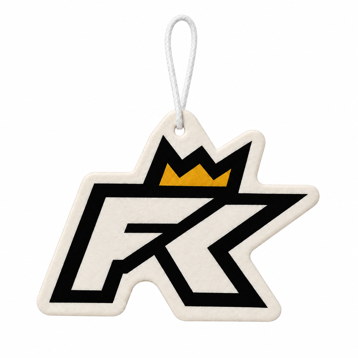A FK Air Freshener by FibreKing, featuring a white tag in the shape of a stylized FK with a yellow and black crown above, hangs from a short white loop against a plain background.
