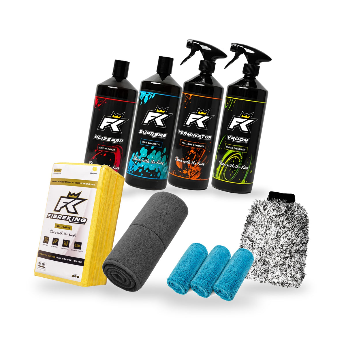 The King's Car Care Kit: Blizzard Snow Foam, Supreme Car Shampoo, Terminator Fallout Remover and Vroom Quick Detailer, with Gold Label microfibre cloths, drying towel, wash mitt and three Ultimate Detailer cloths