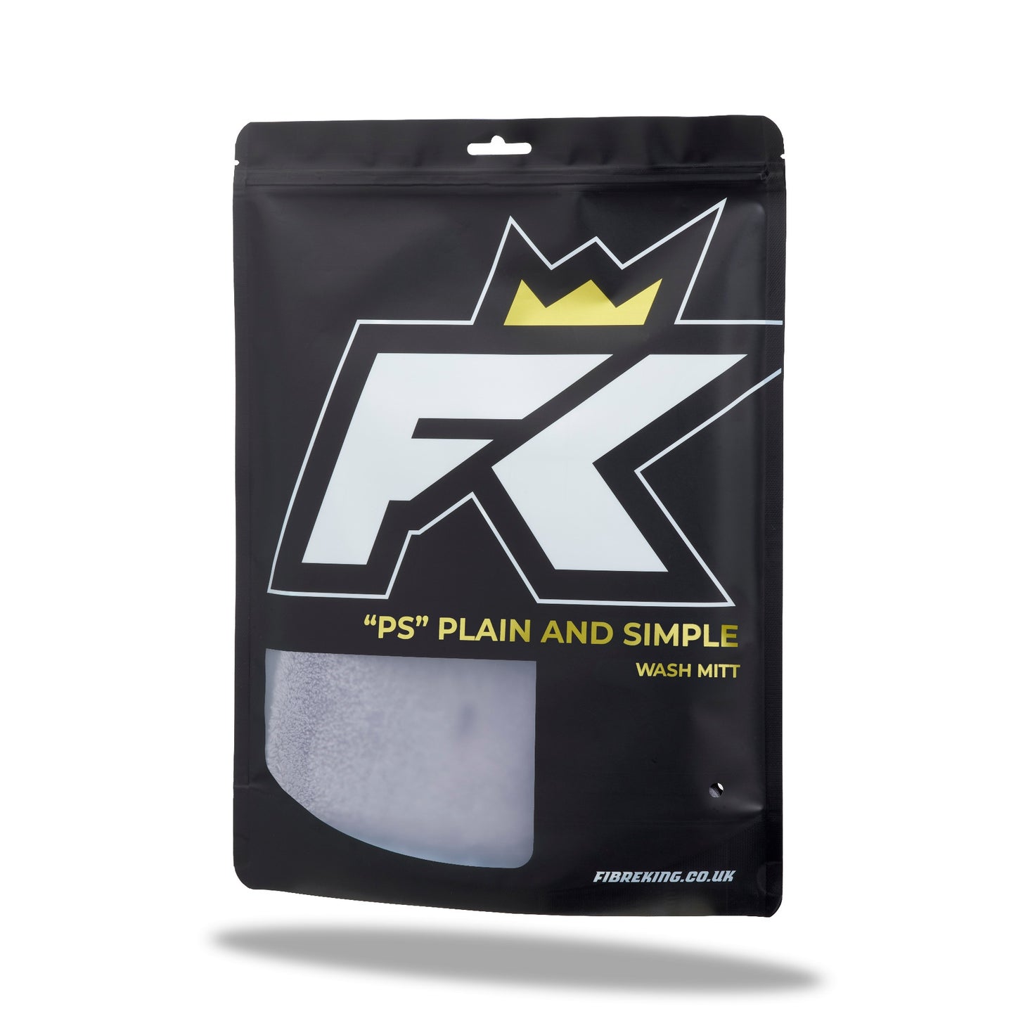 Black packaging for the FibreKing "PS" Korean Microfibre Mitt - Grey features a bold white and yellow logo with crown, and a clear window revealing the ultra-soft mitt. Brand: FibreKing.