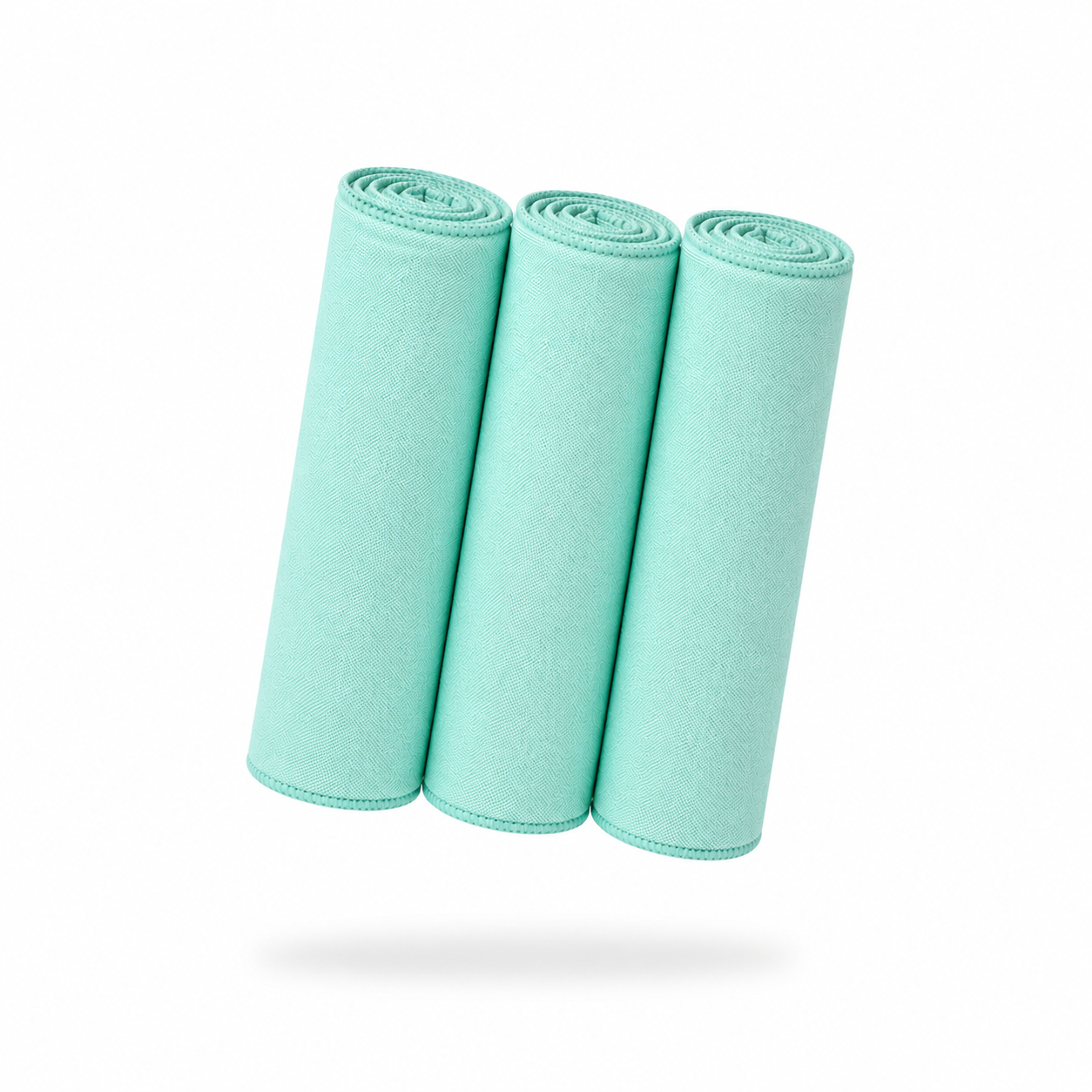 Three rolled-up FibreKing Gold Label Korean Glass Cloths (3 Pack), light blue, arranged side by side on a white background with a subtle shadow—perfect for streak-free cleaning.