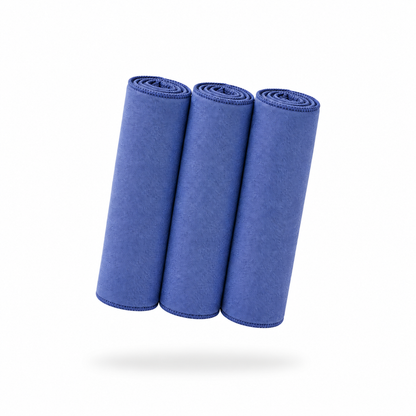 FibreKing Gold Label Korean Glass Cloths - 3 Pack shown upright side by side on a white background with a subtle shadow, perfect for streak-free cleaning.