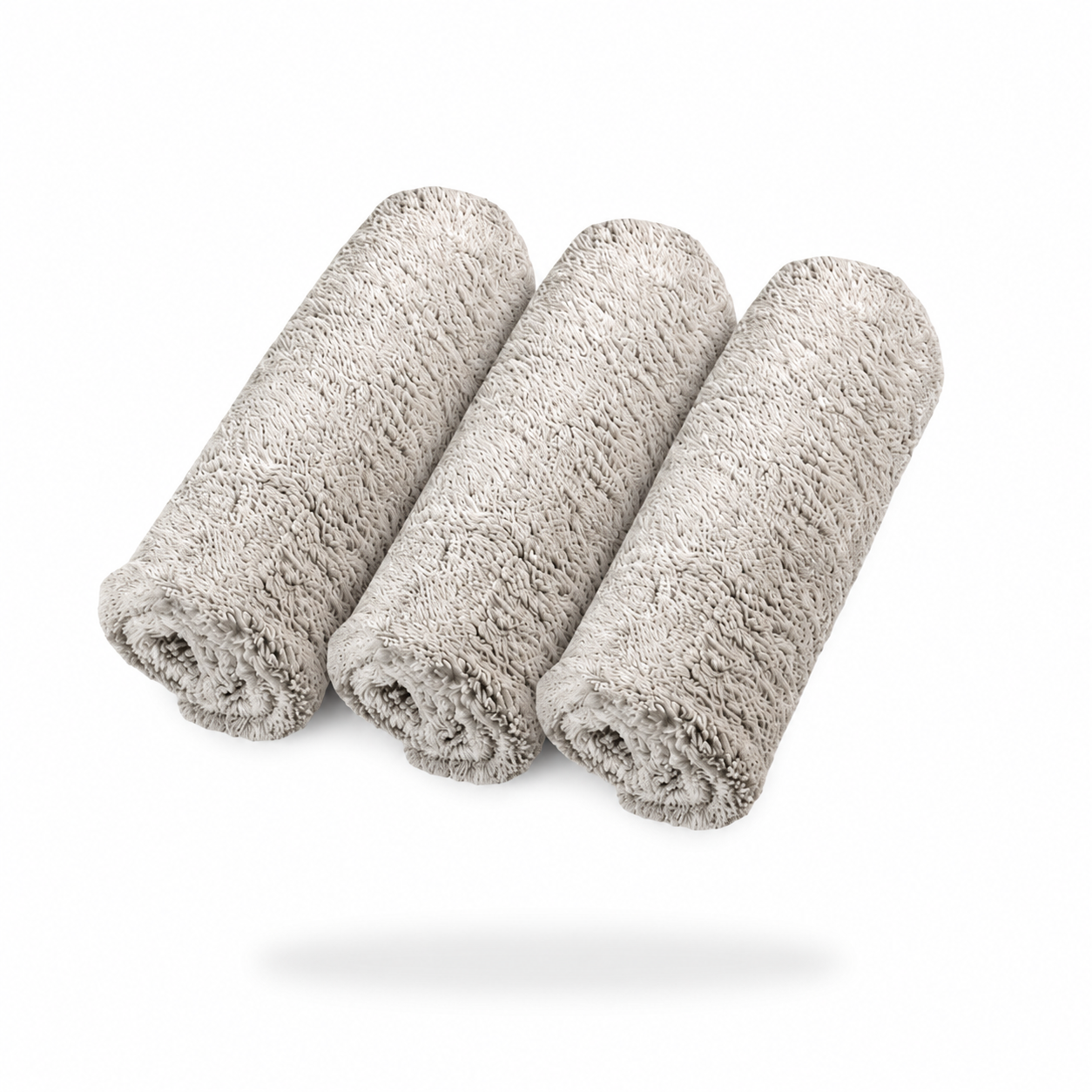 Three light gray FibreKing Ultimate detailer cloths (3 pack) are rolled and arranged side by side on a plain white background, resembling premium microfiber towels.