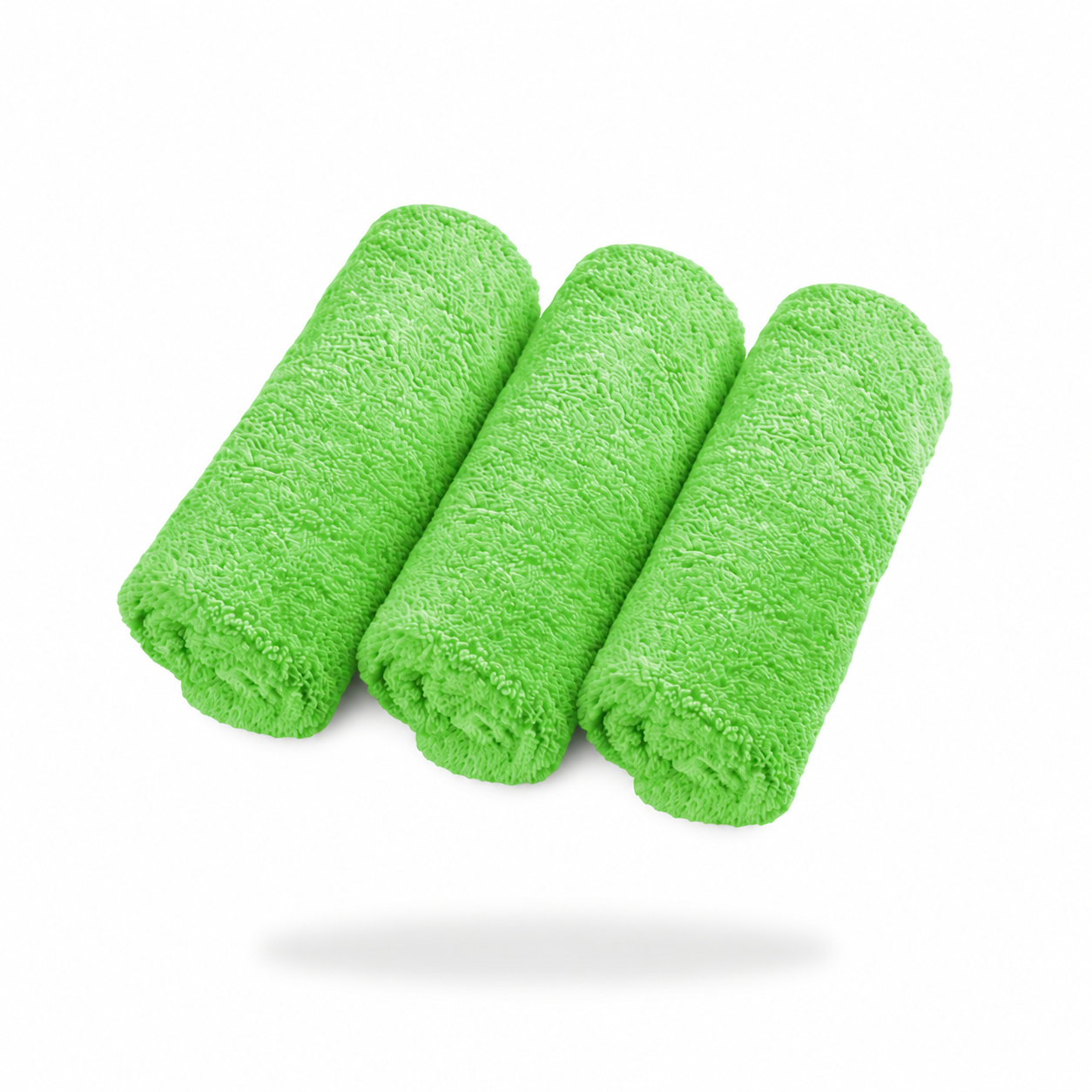 Three FibreKing Ultimate detailer cloths (3 pack) in green coral fleece are rolled and placed side by side on a white background.
