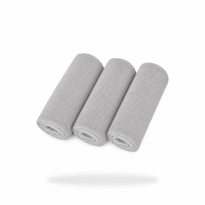 Three FibreKing Soft Edgeless Multi-Purpose Microfibre Cloths (3 Pack) are arranged side by side on a white background, showcasing their scratch-free cleaning performance.