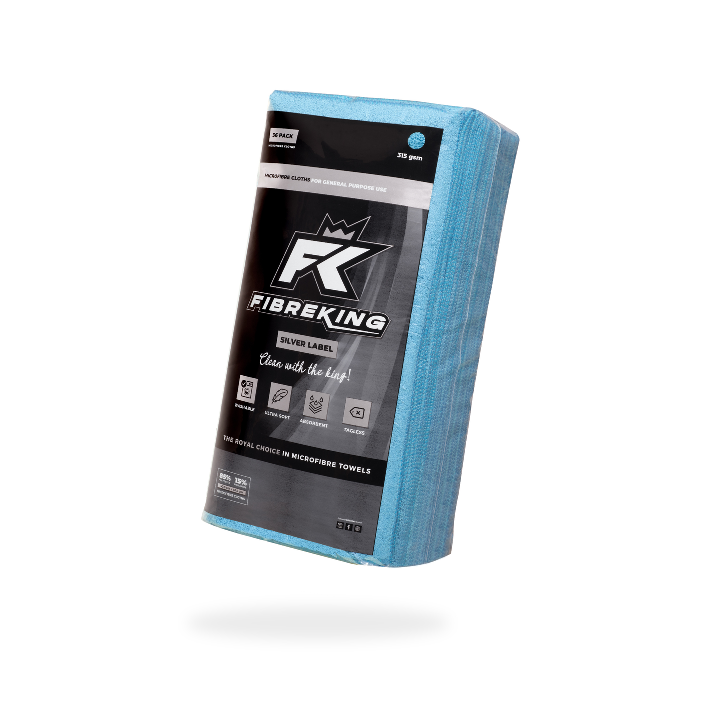 The FibreKing Silver Label 315GSM microfibre cloths in Baby Blue (box of 10 packs, 36 each) are super absorbent—perfect for car detailing or cleaning tasks.