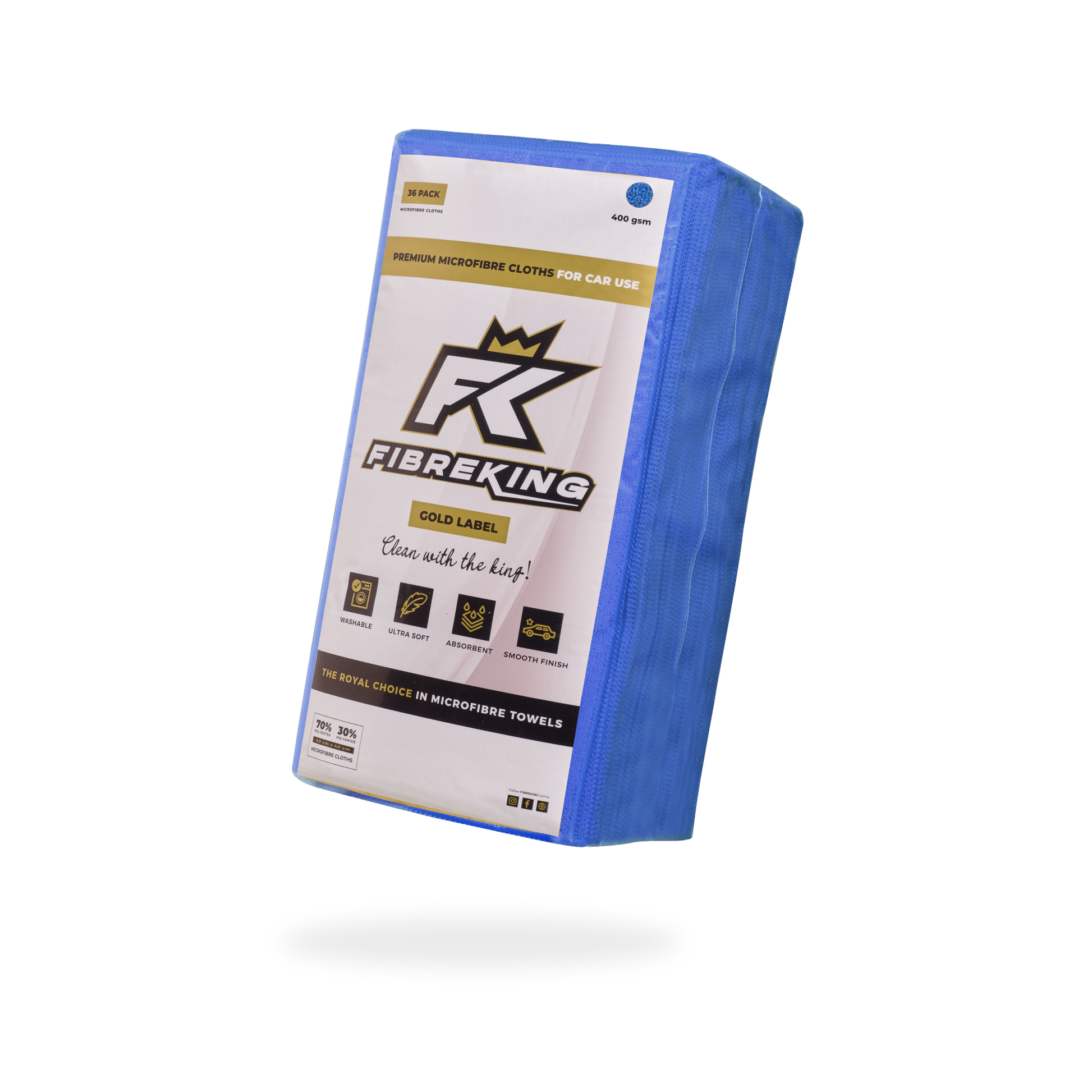 A blue rectangular package of FibreKing Car Cleaning Microfibre Starter Kit for cars, featuring the brand logo and product details on the front label.