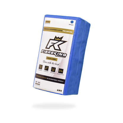 A FibreKing Gold Label 400GSM microfibre cloth box (6 packs of 36) for car use, with product branding and details on the front.