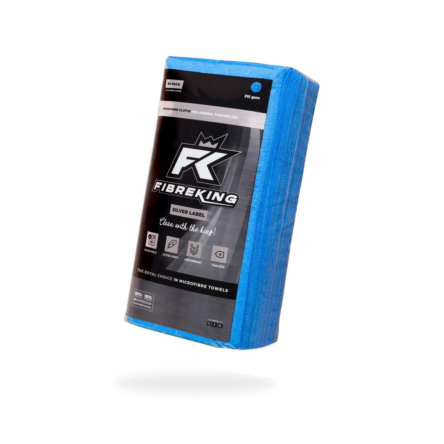 A 36-pack of blue FibreKing Silver Label 315GSM microfibre cloths stands upright on a white background, perfect for scratch-free cleaning and ideal as car cleaning cloths.