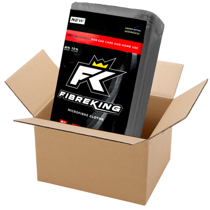 A Silver Label 325GSM microfibre cloth Box by FibreKing, containing 10 packs of 36 reusable cloths for car cleaning, is shown in sleek black packaging partially inside an open cardboard box.