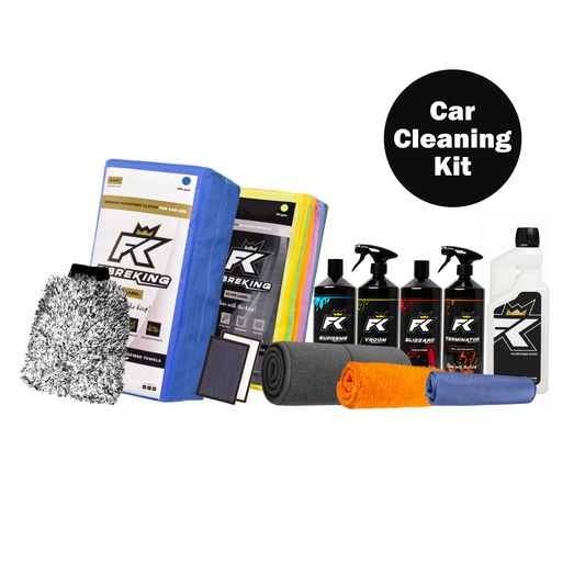 The FibreKing Complete Car Cleaning Kit includes microfibre cloths, a wash mitt, sponge, four spray bottles, and soap—professionally arranged on a white background.