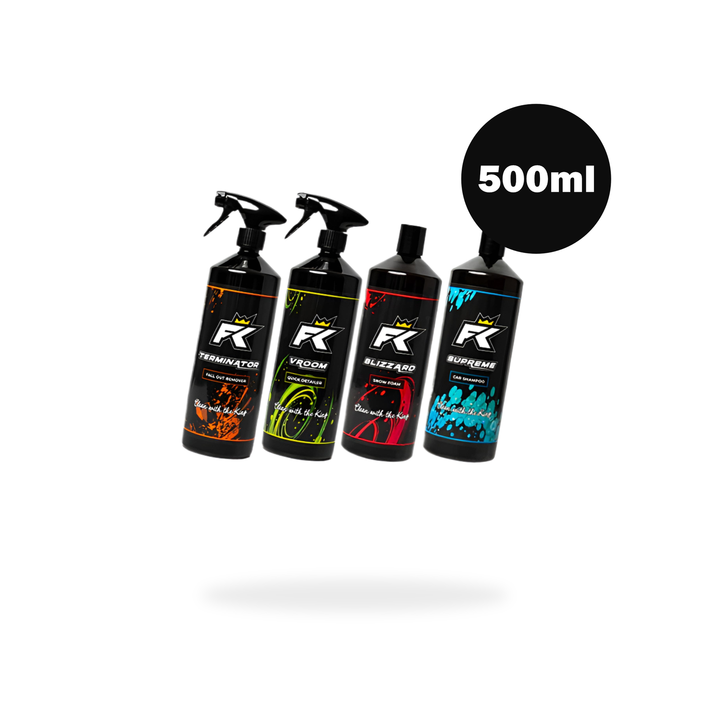 Four 500ml FibreKing Complete Car Cleaning Kit bottles with spray tops, each in a unique color and label, are displayed against a white background—perfect for any car detailing starter kit.