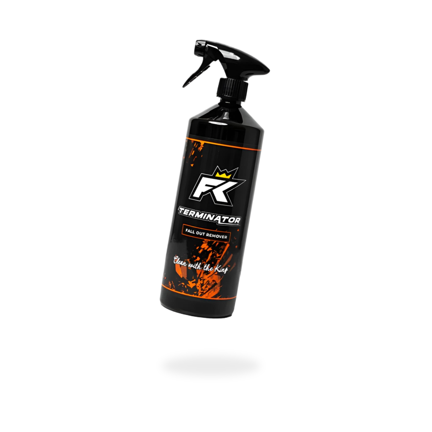 A black FibreKing Terminator - Fall Out Remover spray bottle with orange accents, designed to remove iron contaminants and brake dust, is displayed floating on a white background.