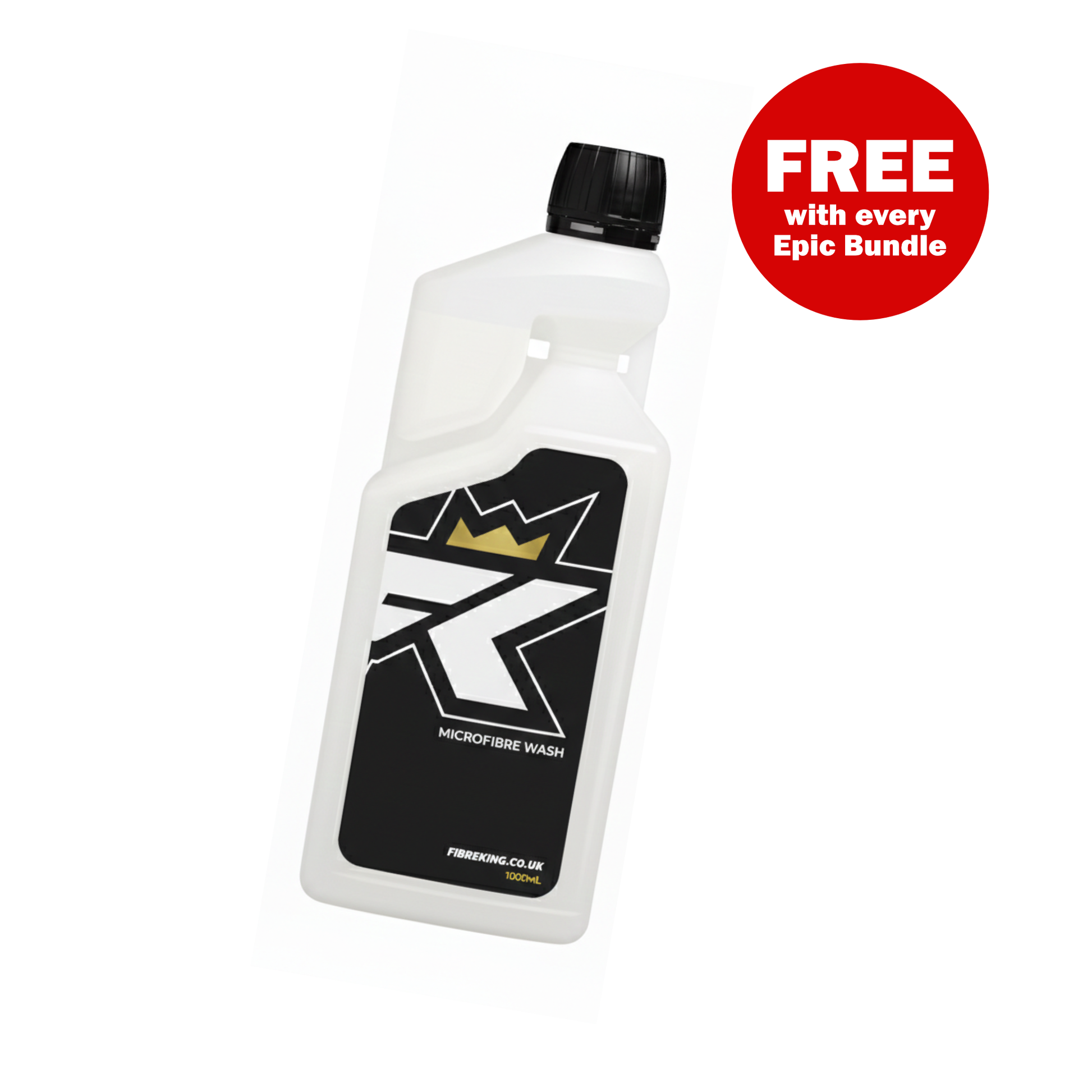 The EPIC Bundle by FibreKing includes a FREE "MF Wash"—a white bottle with a black label and crown logo, perfect for cleaning microfiber cloths. Ideal for any car detailing setup.
