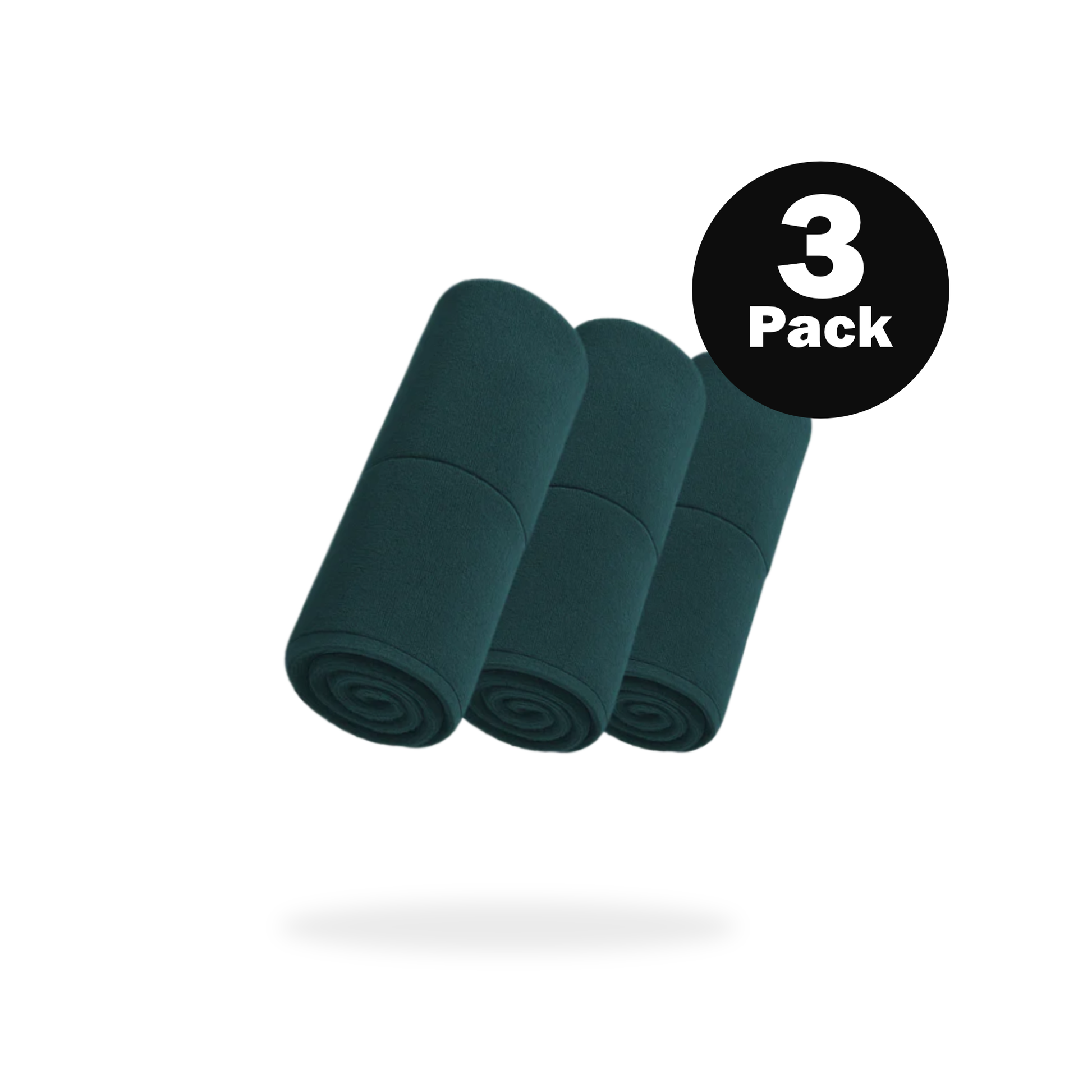 Three FibreKing Gold Label 900 GSM Korean Drying Towels are rolled in a row, each featuring a black circular label with "3 Pack" in white text.