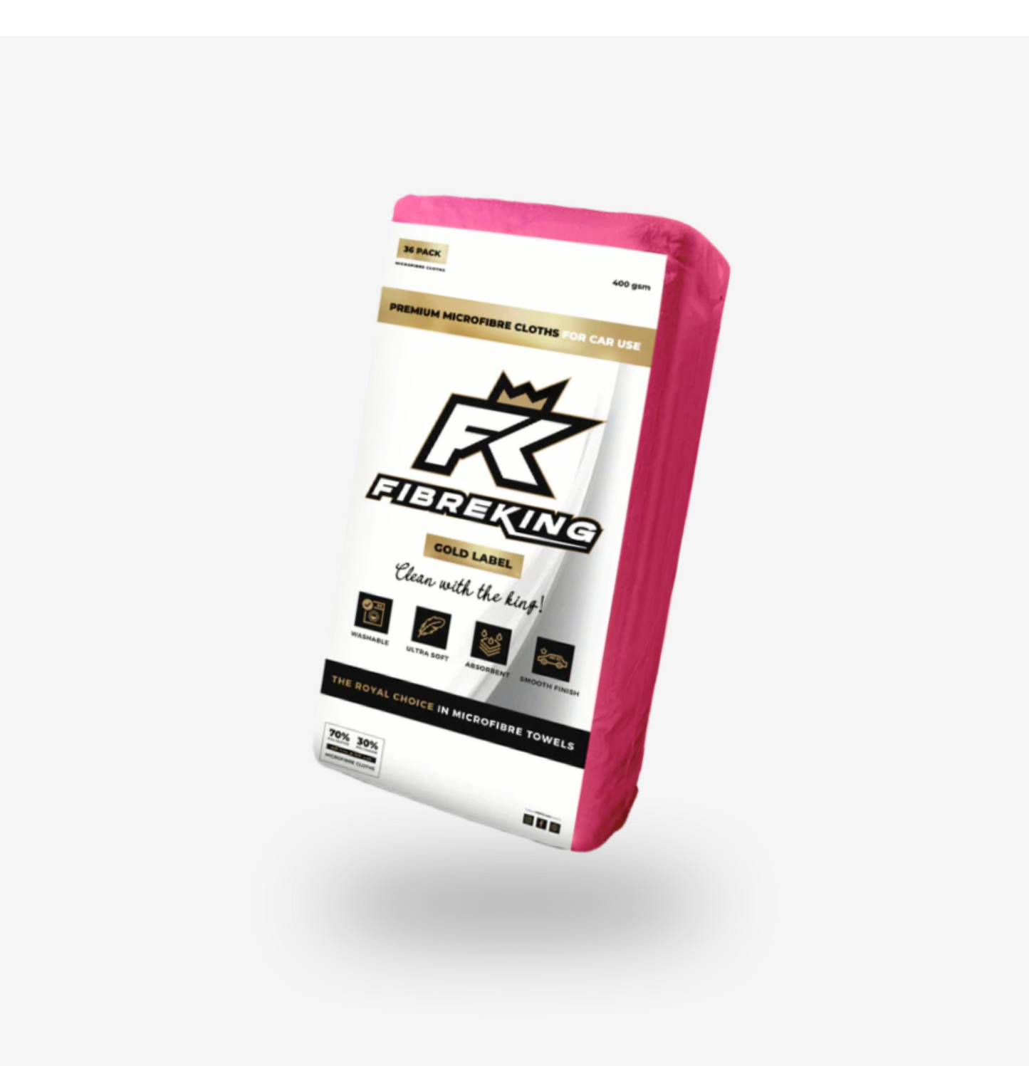 FibreKing Gold Label 400GSM microfibre cloths are ultra-absorbent, mainly white with pink edges, and designed for car cleaning to meet all your needs.