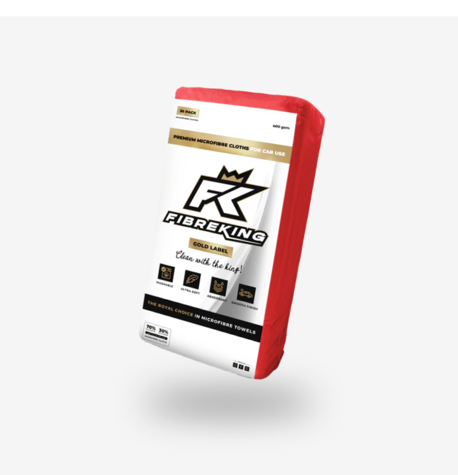 A pack of FibreKing Gold label 400GSM microfibre cloths for cars, featuring a red border and branded white background design—ideal for all your cleaning needs.