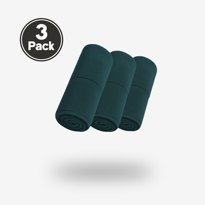 Three FibreKing Gold Label 900 GSM Korean Drying Towels (3 Pack) are rolled side by side on a white background—premium microfiber essentials for car care.