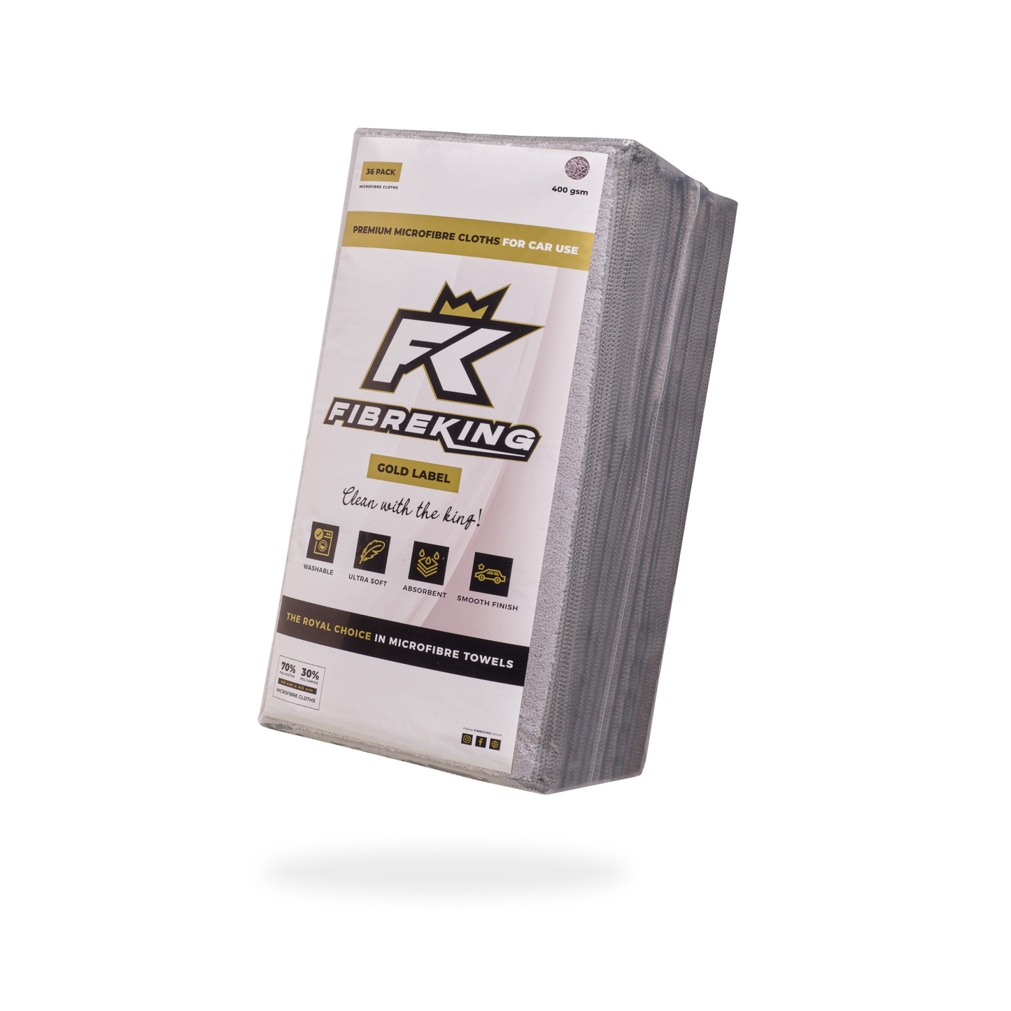 A stack of FibreKing EPIC Bundle premium microfibre cloths for car detailing, packaged in plastic wrap featuring product details and branding on the front.