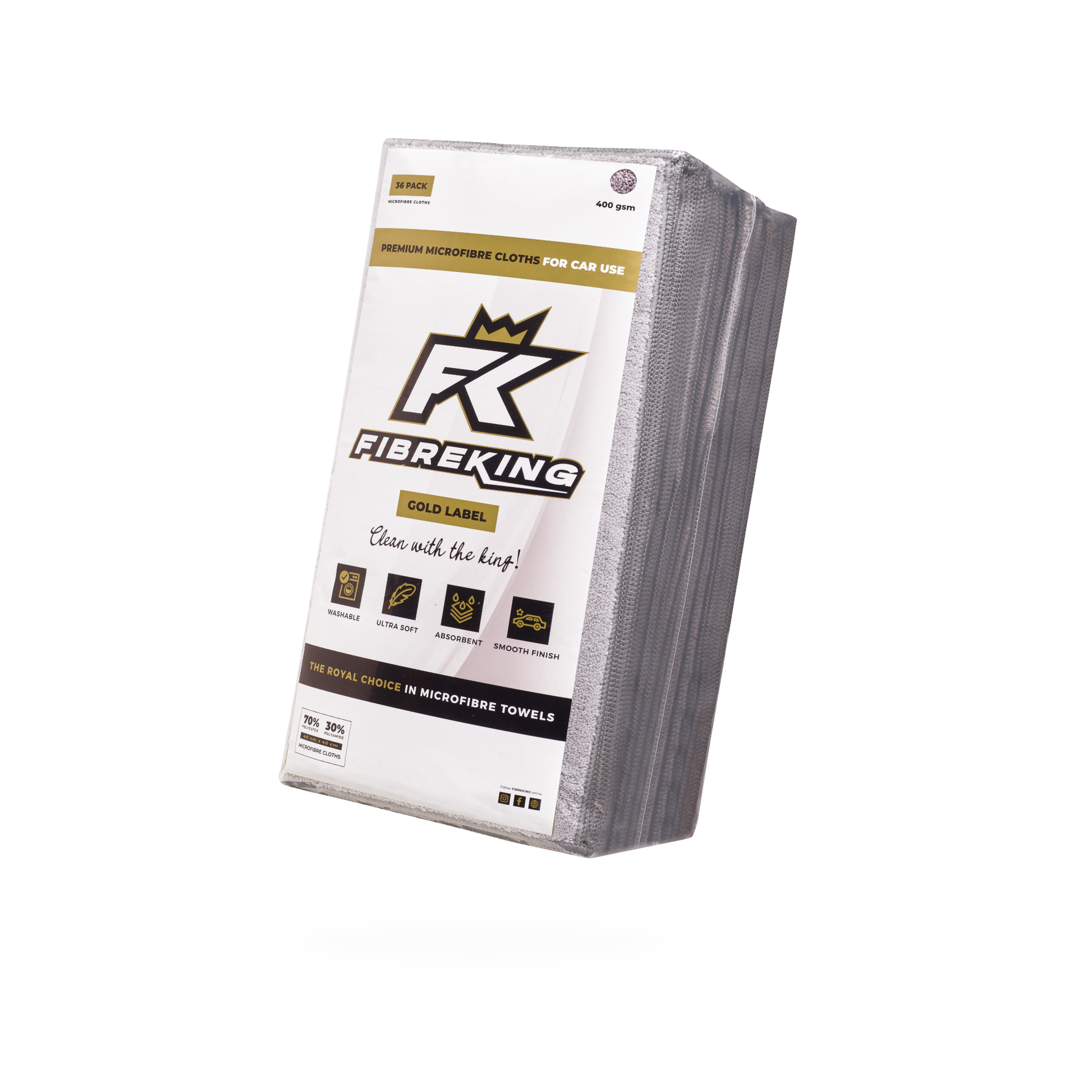 A rectangular pack of 36 FibreKing Gold Label 400GSM microfibre cloths for cars, with branded white and gold packaging featuring icons.