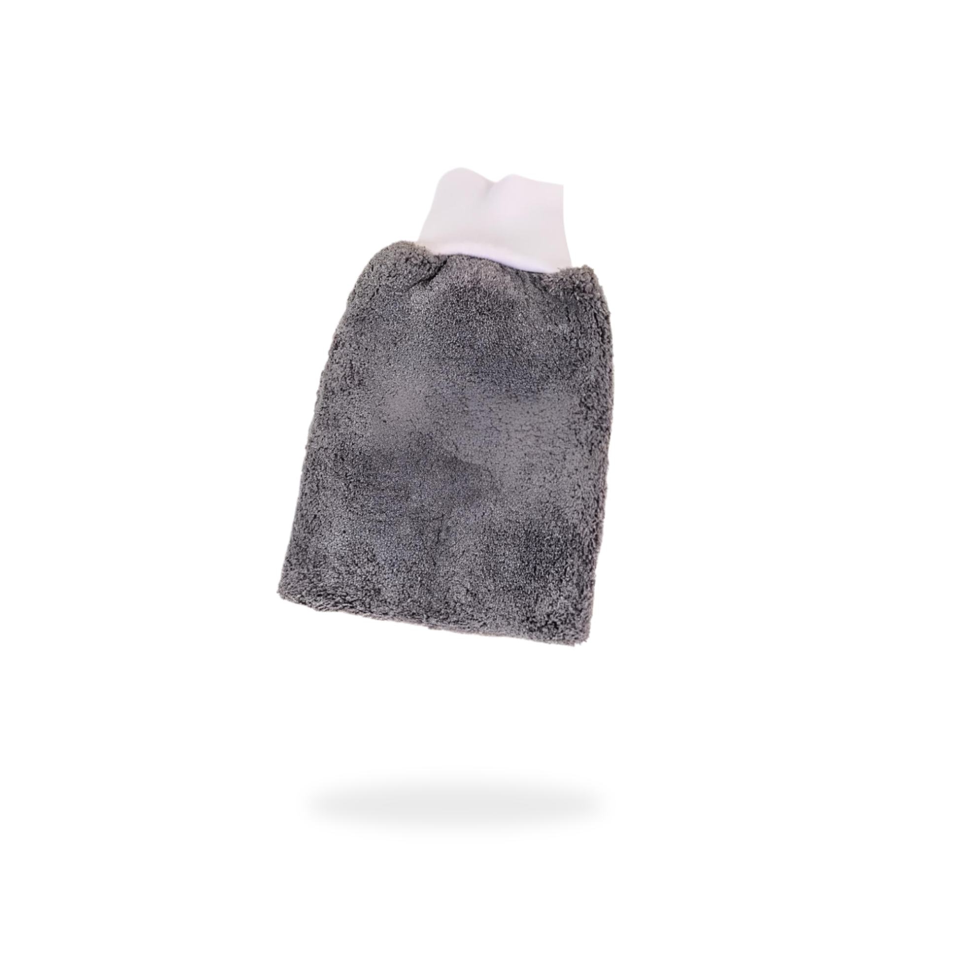 The FibreKing "PS" Korean Microfibre Mitt in grey, by FibreKing, features a soft texture similar to a plush hot water bottle cover and is shown isolated on a white background.