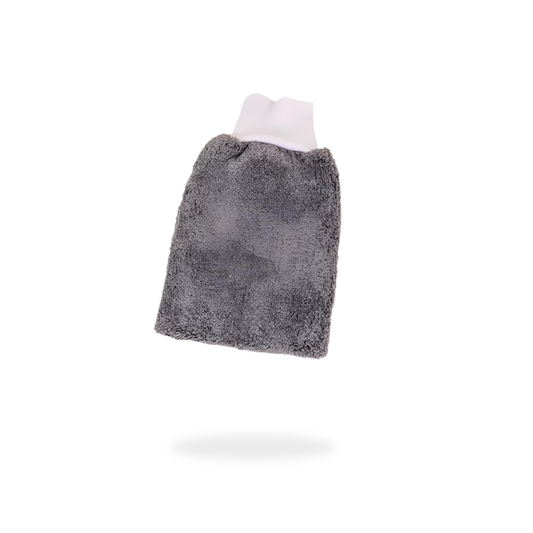The FibreKing "PS" Korean Microfibre Mitt in grey, by FibreKing, features a soft texture similar to a plush hot water bottle cover and is shown isolated on a white background.