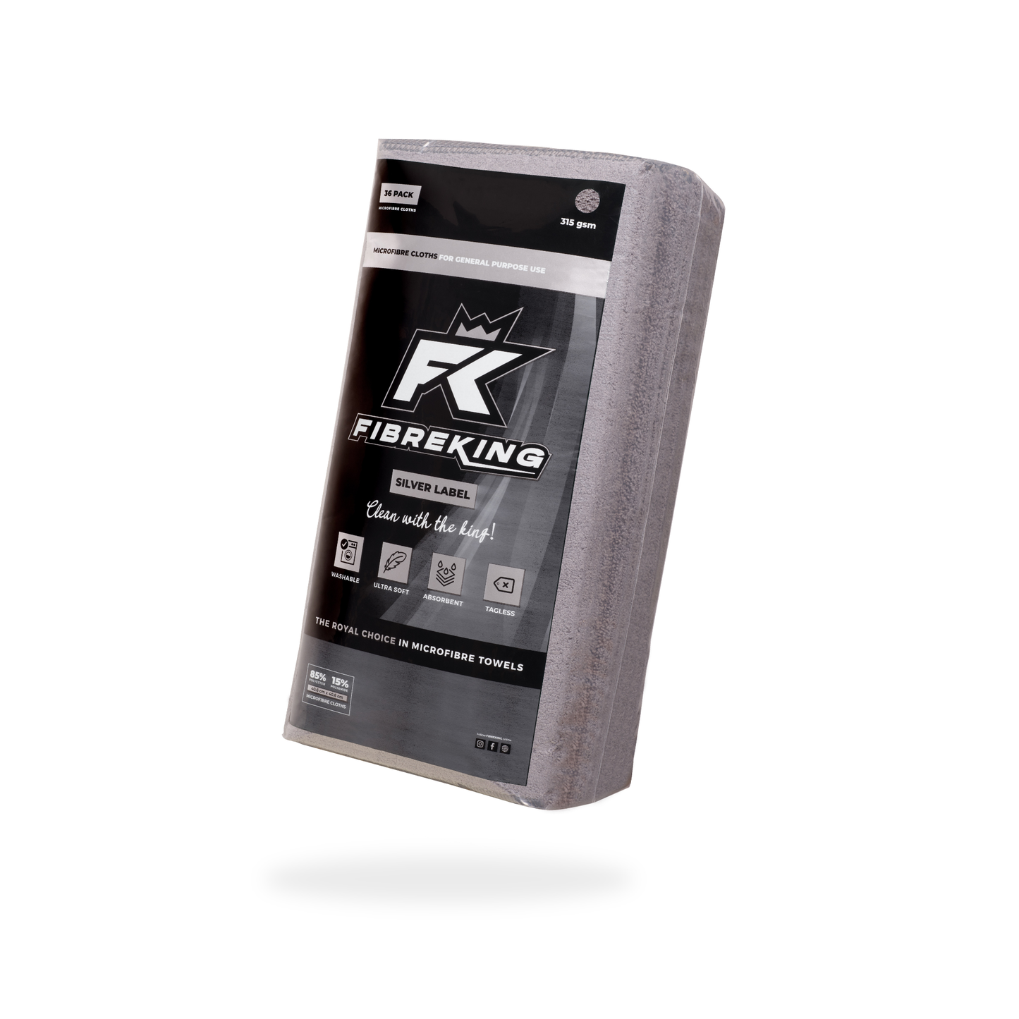 A 36-pack of FibreKing Silver Label 315GSM grey microfibre cloths in sleek packaging, perfect for scratch-free cleaning.