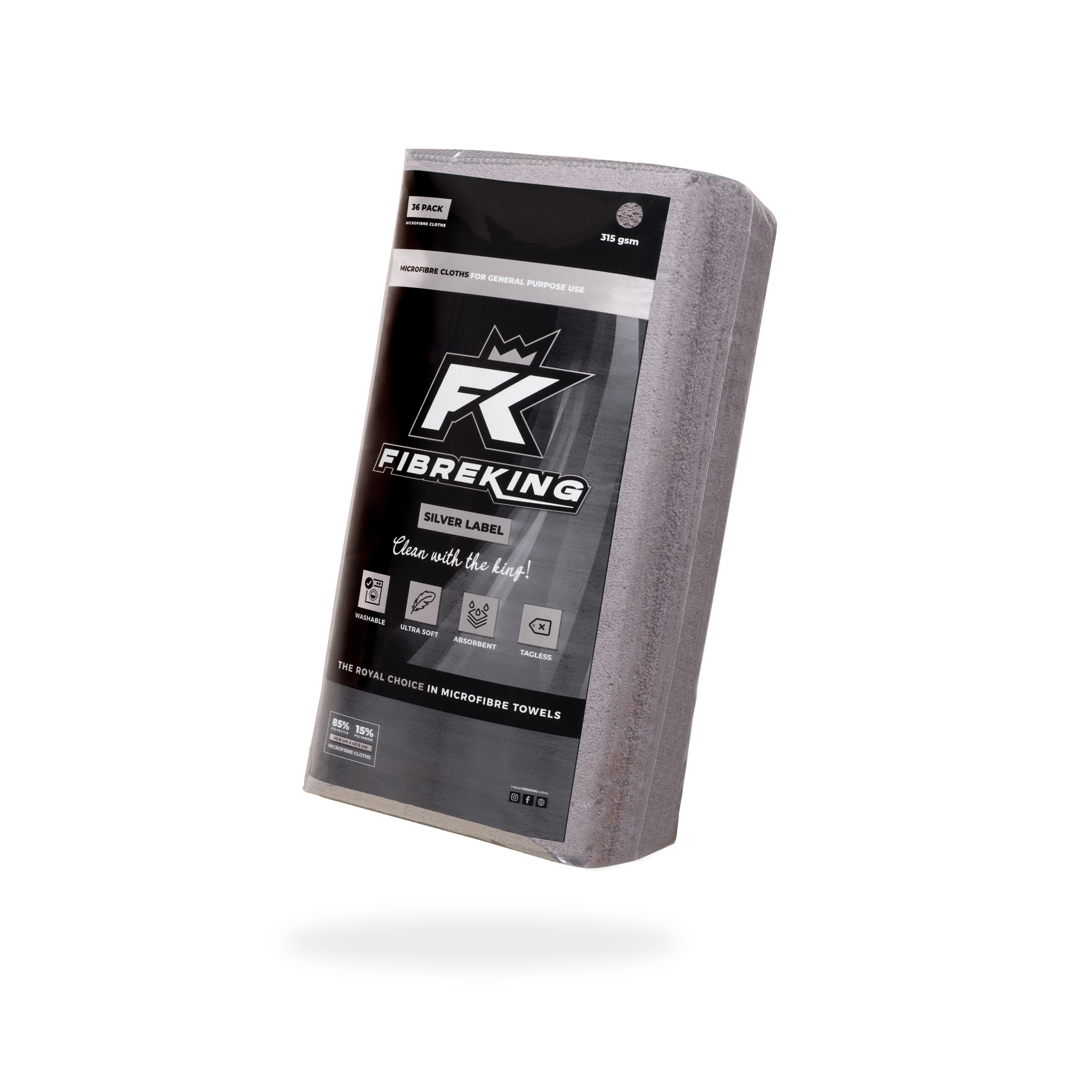 A rectangular box of FibreKing Silver Label 315GSM grey microfibre cloths (10 packs of 36), suitable for car detailing, is shown isolated on a white background. Black and silver packaging highlights the super absorbent design.