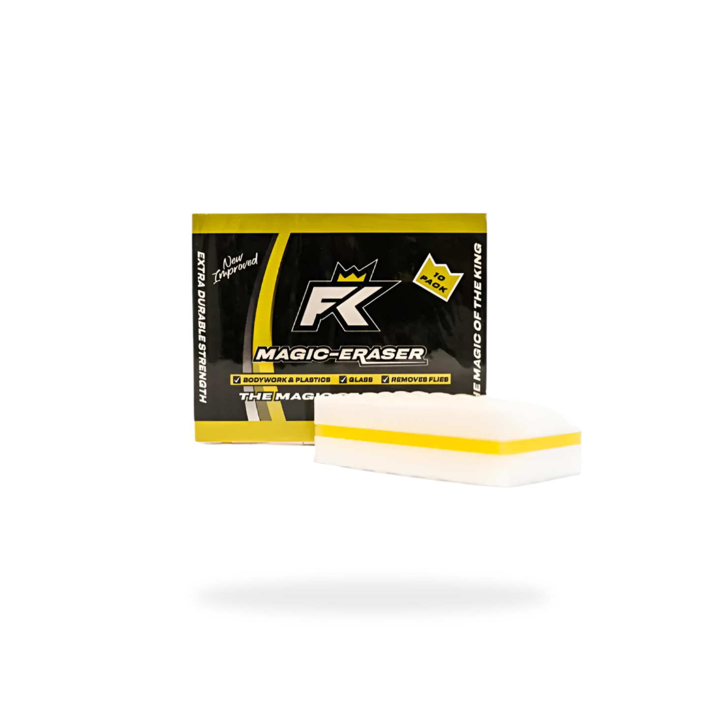 A rectangular white and yellow durable FibreKing Magic Eraser cleaning sponge sits in front of its black and yellow packaging labeled "Magic Eraser (10 per pack).