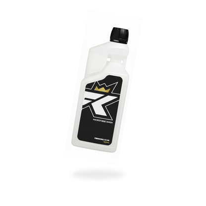 A plastic bottle from FibreKing’s Complete Car Cleaning Kit, designed for microfibre care, features a black label with white text and a black screw cap, displayed on a white background with a soft shadow.