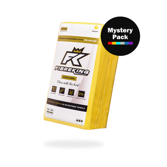 FibreKing Gold Label 400 GSM Mystery Microfibre - 36 Pack features ultra-absorbent, premium cleaning cloths with yellow edges and a “Mystery Pack” sticker on top right.