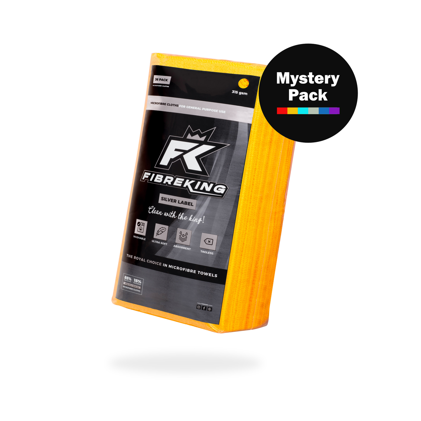 A pack of FibreKing Silver Label 315 GSM Mystery Microfibre Cloths (36 Pack), featuring a color bar and Mystery Pack label, ideal for car cleaning, displayed on a white background.