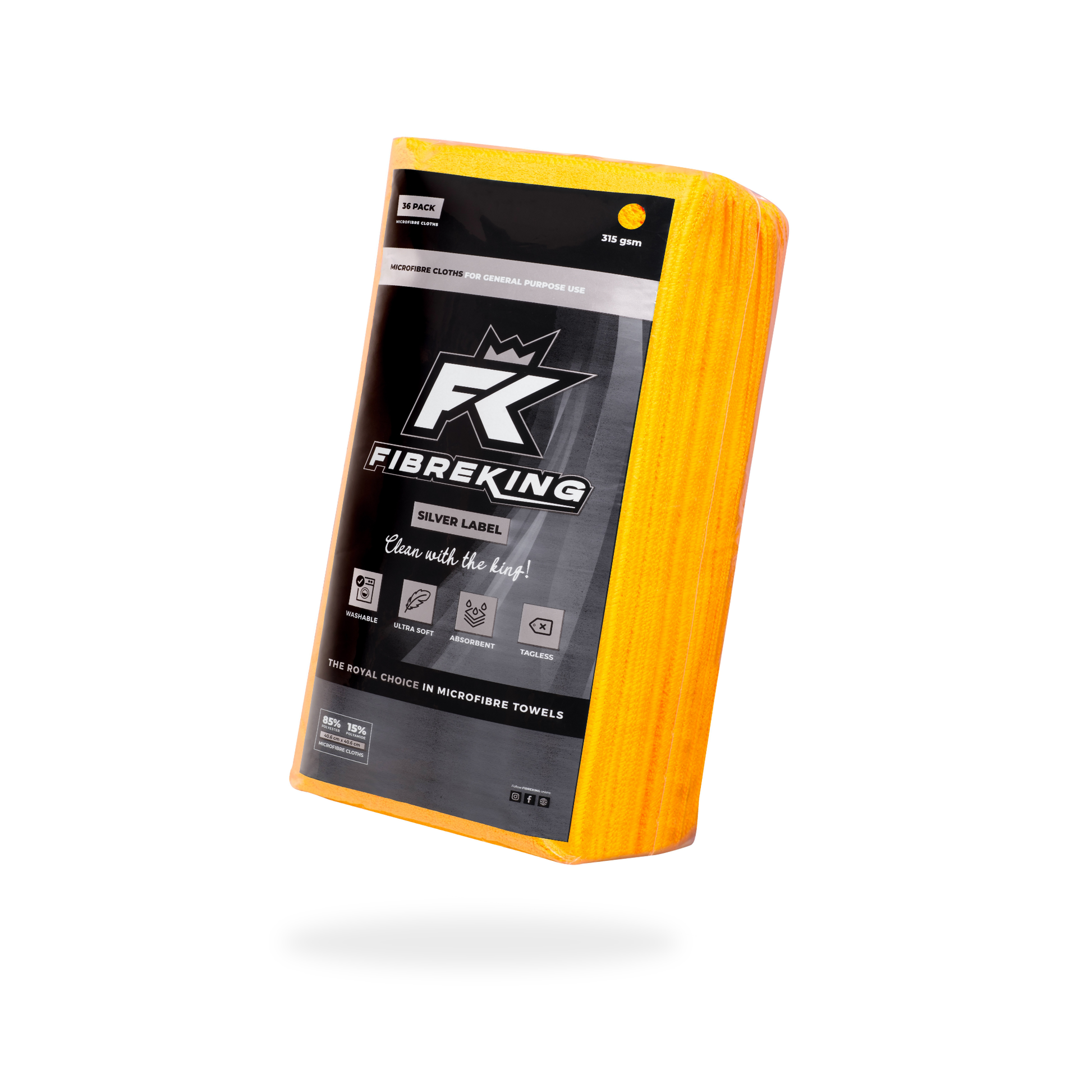 An orange FibreKing Silver Label 315GSM microfibre cloth, in packaging (Box of 10 packs of 36), ideal for car detailing, displayed against a white background.
