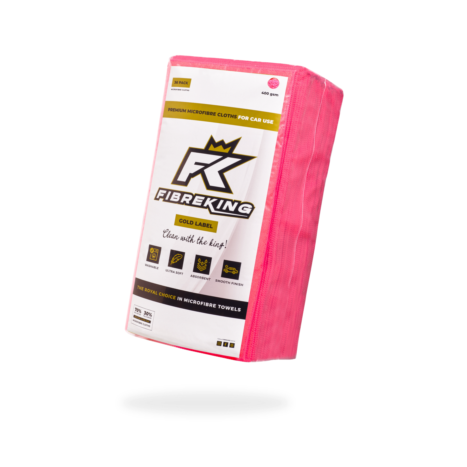 A 36-pack of FibreKing Gold Label 400GSM ultra-absorbent pink microfibre cloths for cars, shown with product branding and icons on a white background.