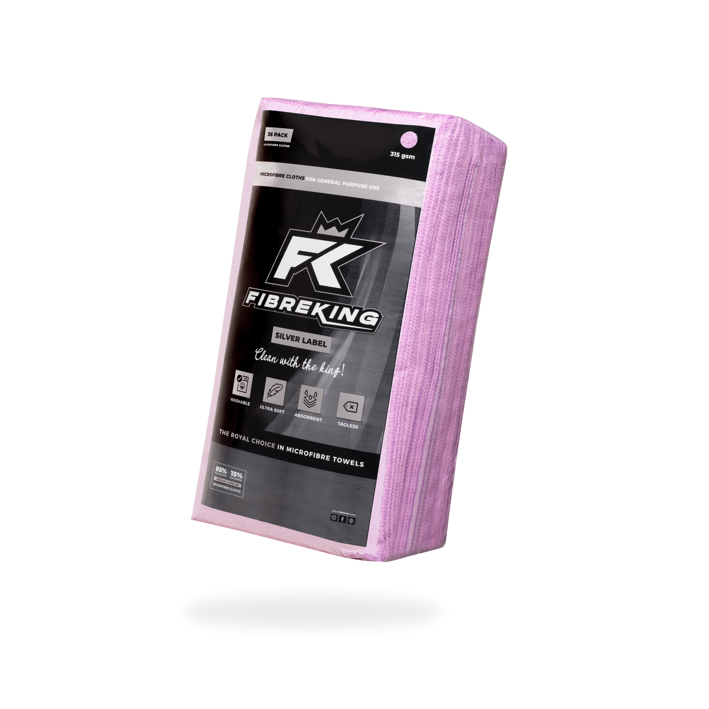 A 36-pack of FibreKing Silver Label 315GSM lilac microfibre cloths, shown against a white background—ideal for scratch-free cleaning.