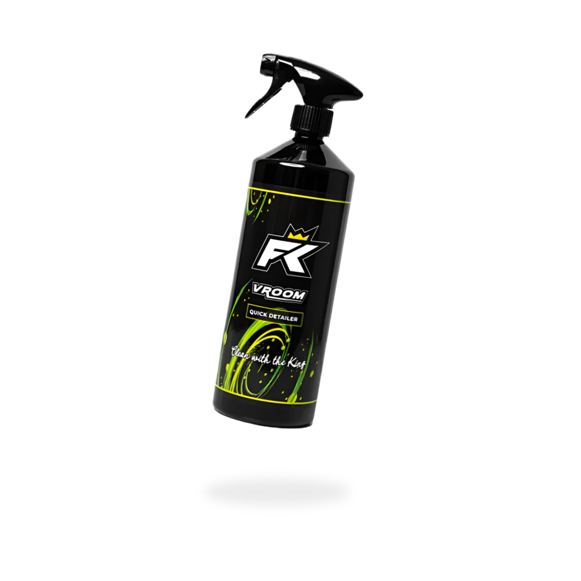 A black spray bottle labeled FibreKing Vroom - Quick Detailer with green accents floats against a white background, highlighting this car shine spray that delivers a stunning, hydrophobic finish.