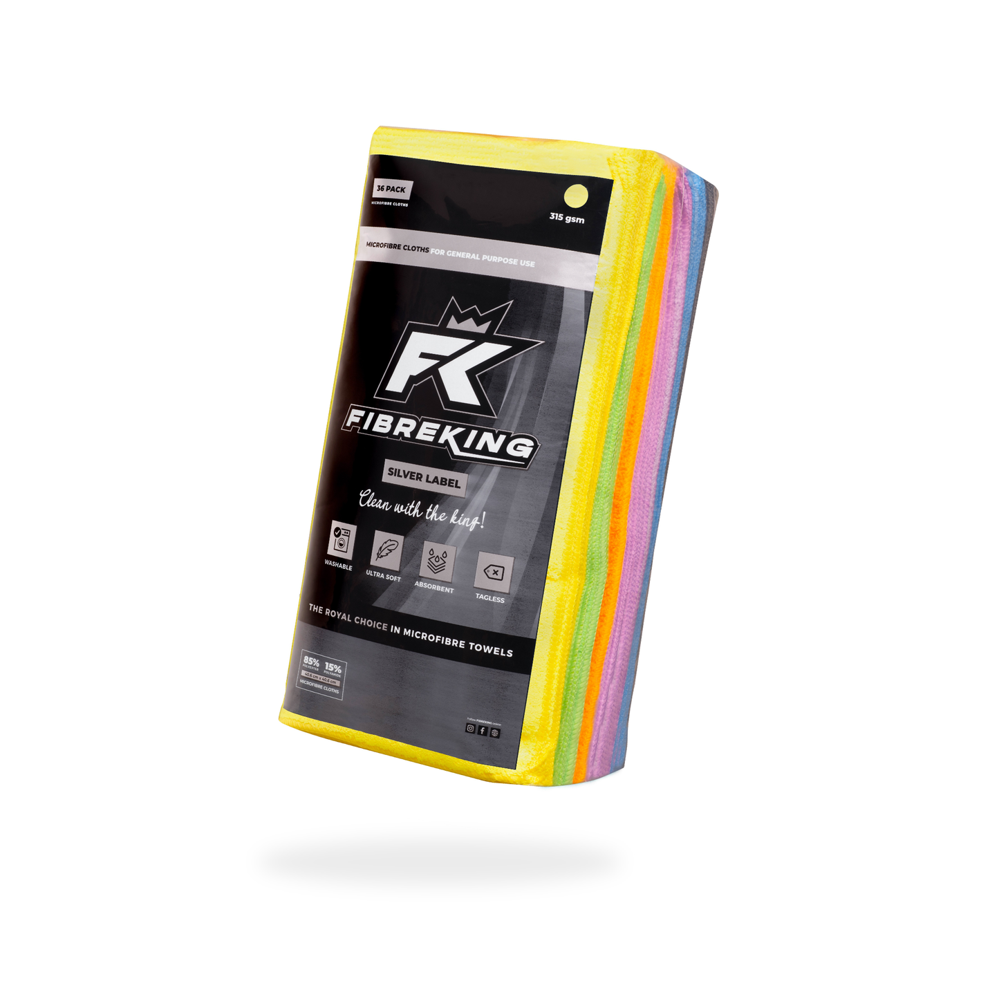 FibreKing Silver Label 315GSM microfibre cloths—box of 10 packs (36 multicolor cloths each); ideal for car detailing and includes black and silver label with product details.